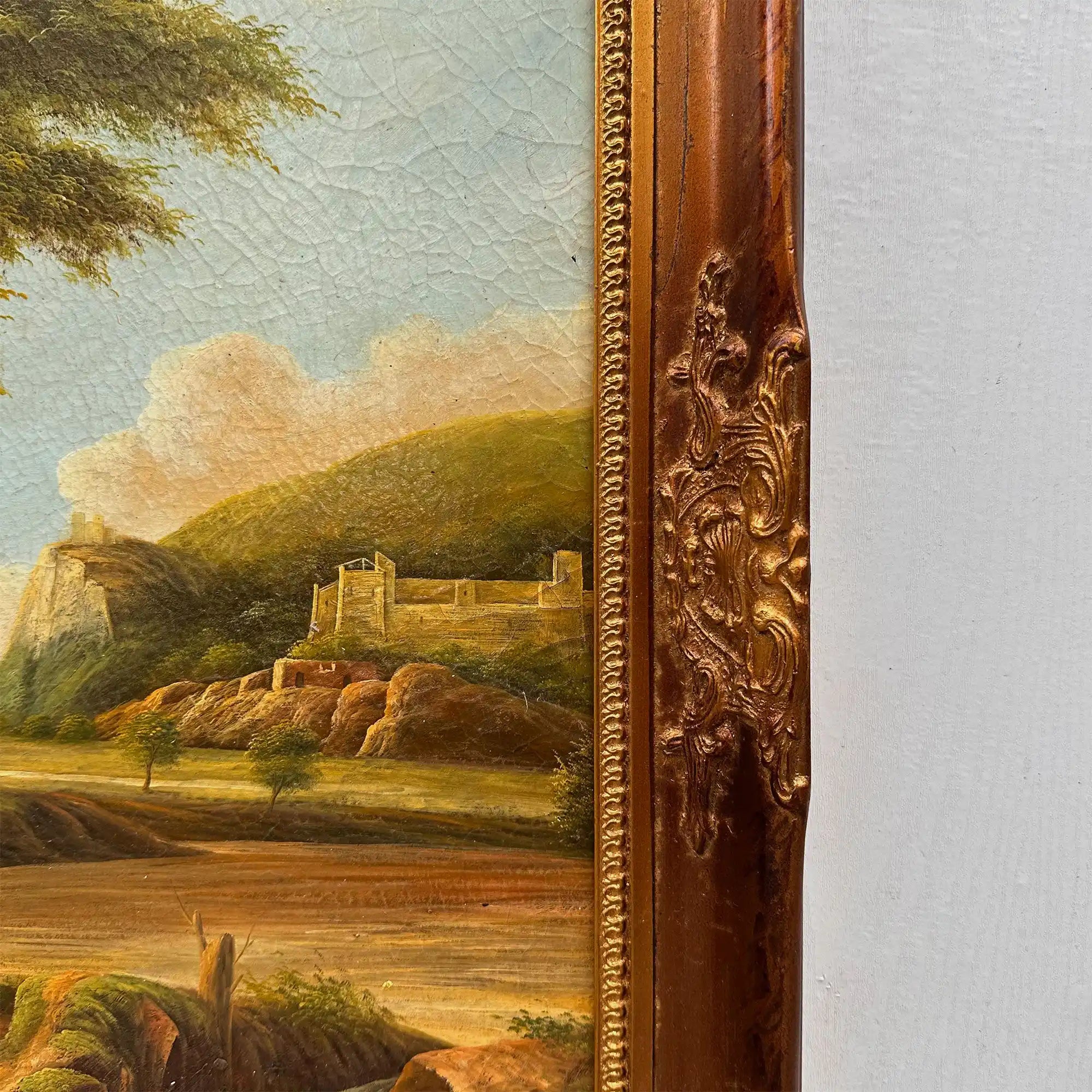 Stream Below Hilltop Ruins Oil Painting | Waterfall & Rolling Hills | Landscape Art |  20.5×24.4in - Vintage Oil Painting - Arden Gallery