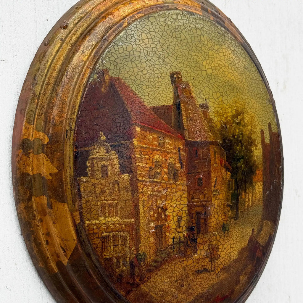 The Old Town Lane | Vintage European Street Scene Oil Painting | Oval, Craquelure | 10.6×12.6in - Vintage Oil Painting - Arden Gallery