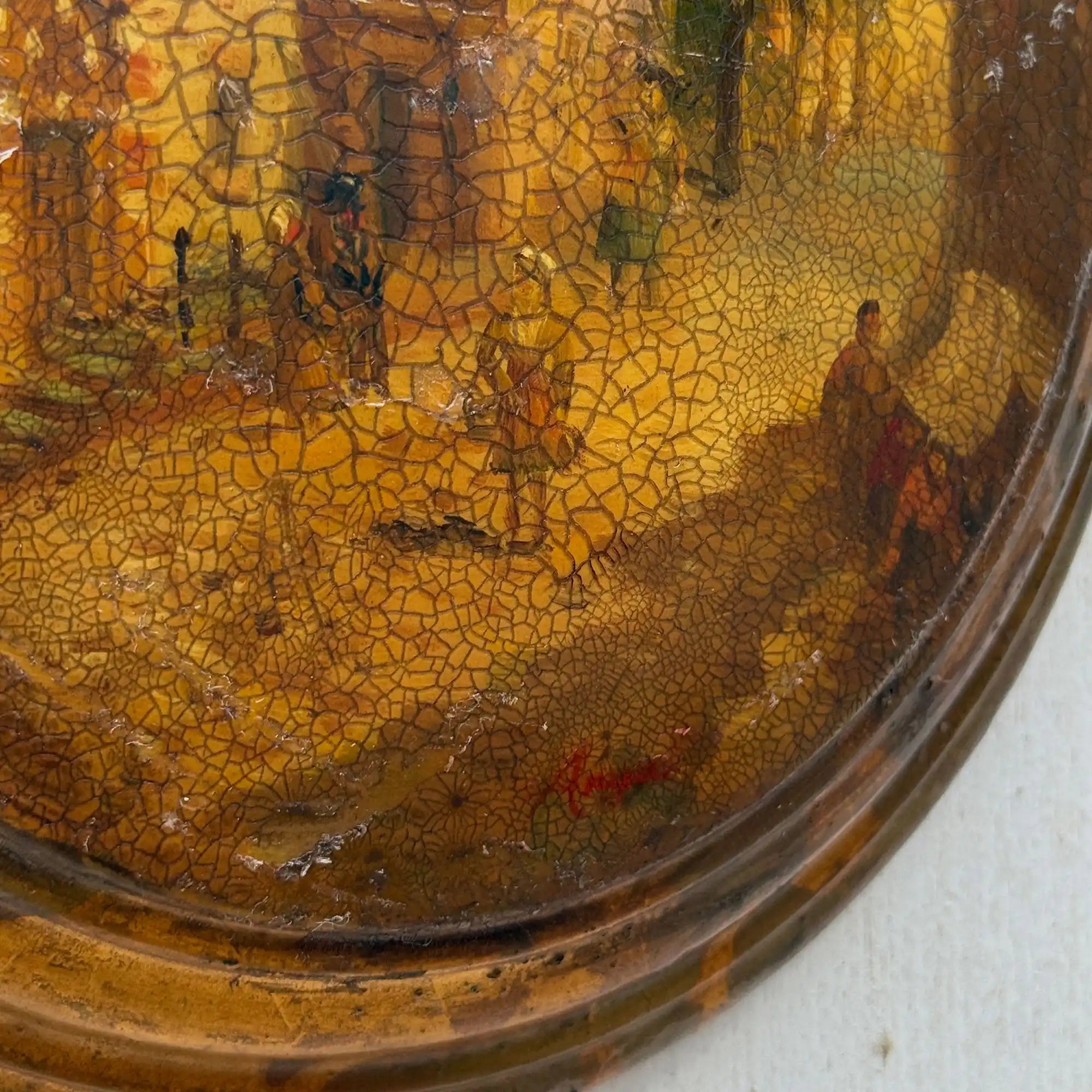 The Old Town Lane | Vintage European Street Scene Oil Painting | Oval, Craquelure | 10.6×12.6in - Vintage Oil Painting - Arden Gallery