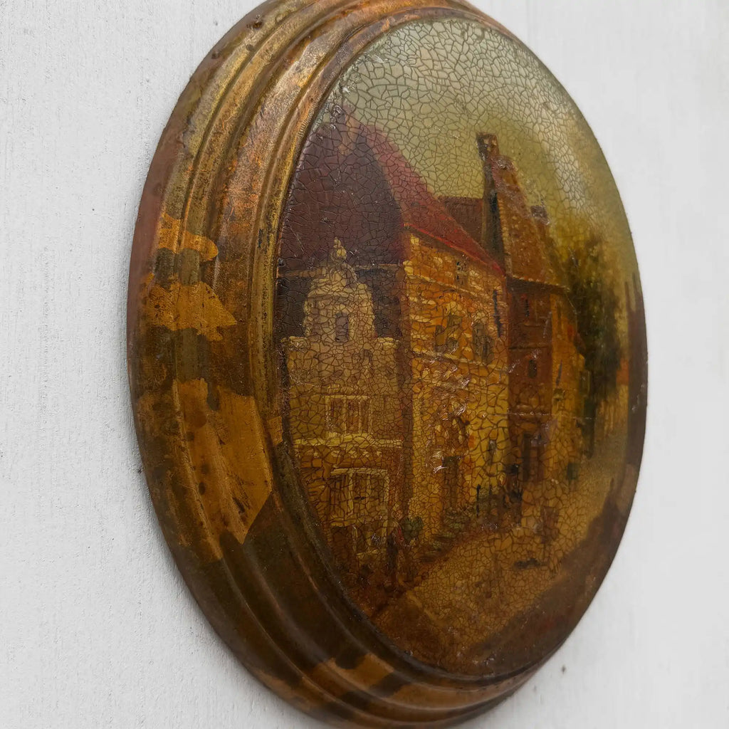 The Old Town Lane | Vintage European Street Scene Oil Painting | Oval, Craquelure | 10.6×12.6in - Vintage Oil Painting - Arden Gallery