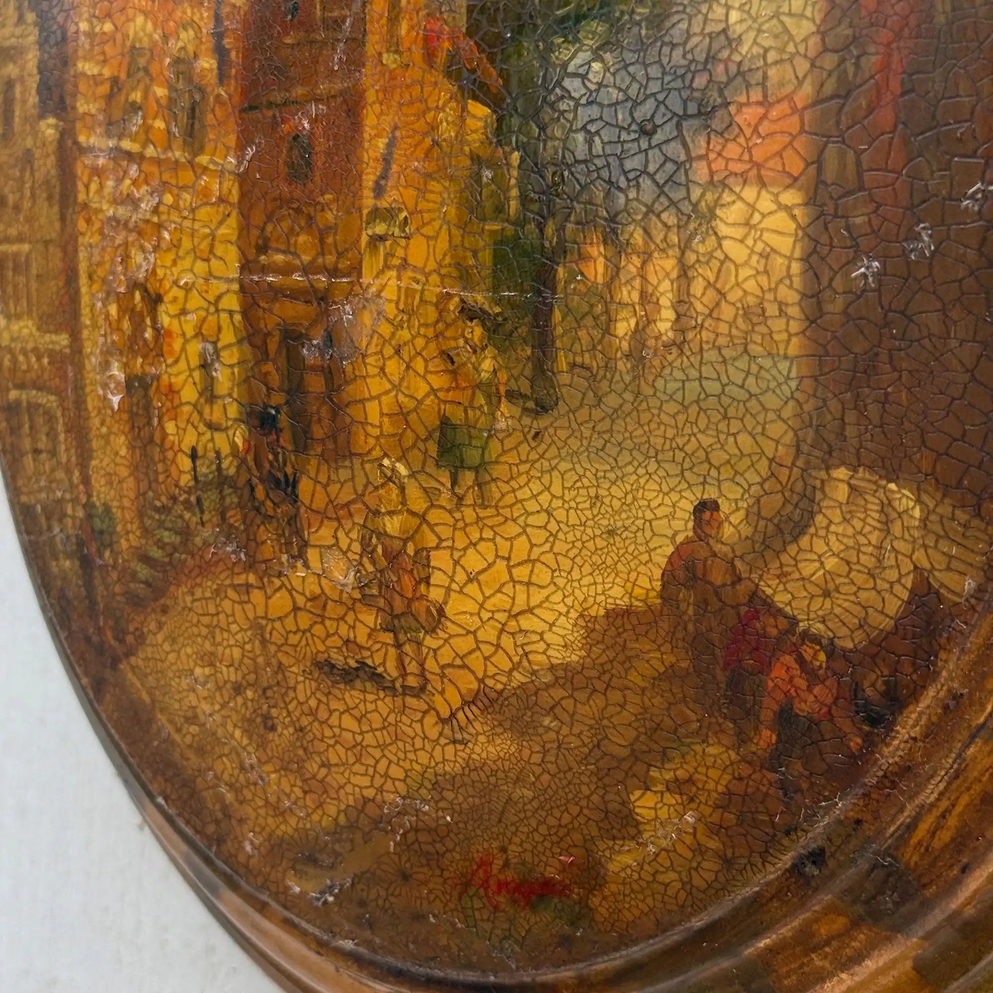 The Old Town Lane | Vintage European Street Scene Oil Painting | Oval, Craquelure | 10.6×12.6in - Vintage Oil Painting - Arden Gallery