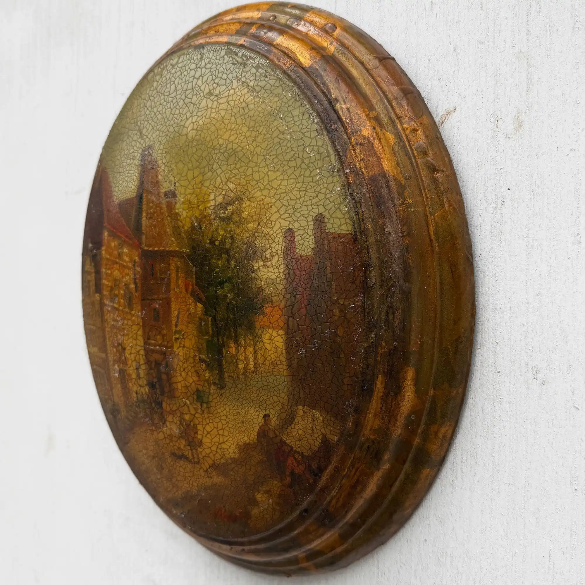 The Old Town Lane | Vintage European Street Scene Oil Painting | Oval, Craquelure | 10.6×12.6in - Vintage Oil Painting - Arden Gallery