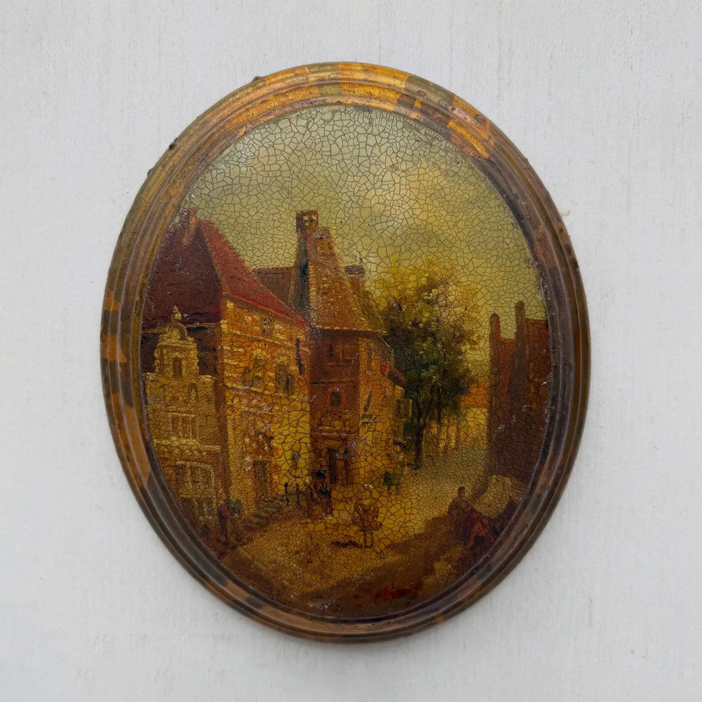 The Old Town Lane | Vintage European Street Scene Oil Painting | Oval, Craquelure | 10.6×12.6in - Vintage Oil Painting - Arden Gallery