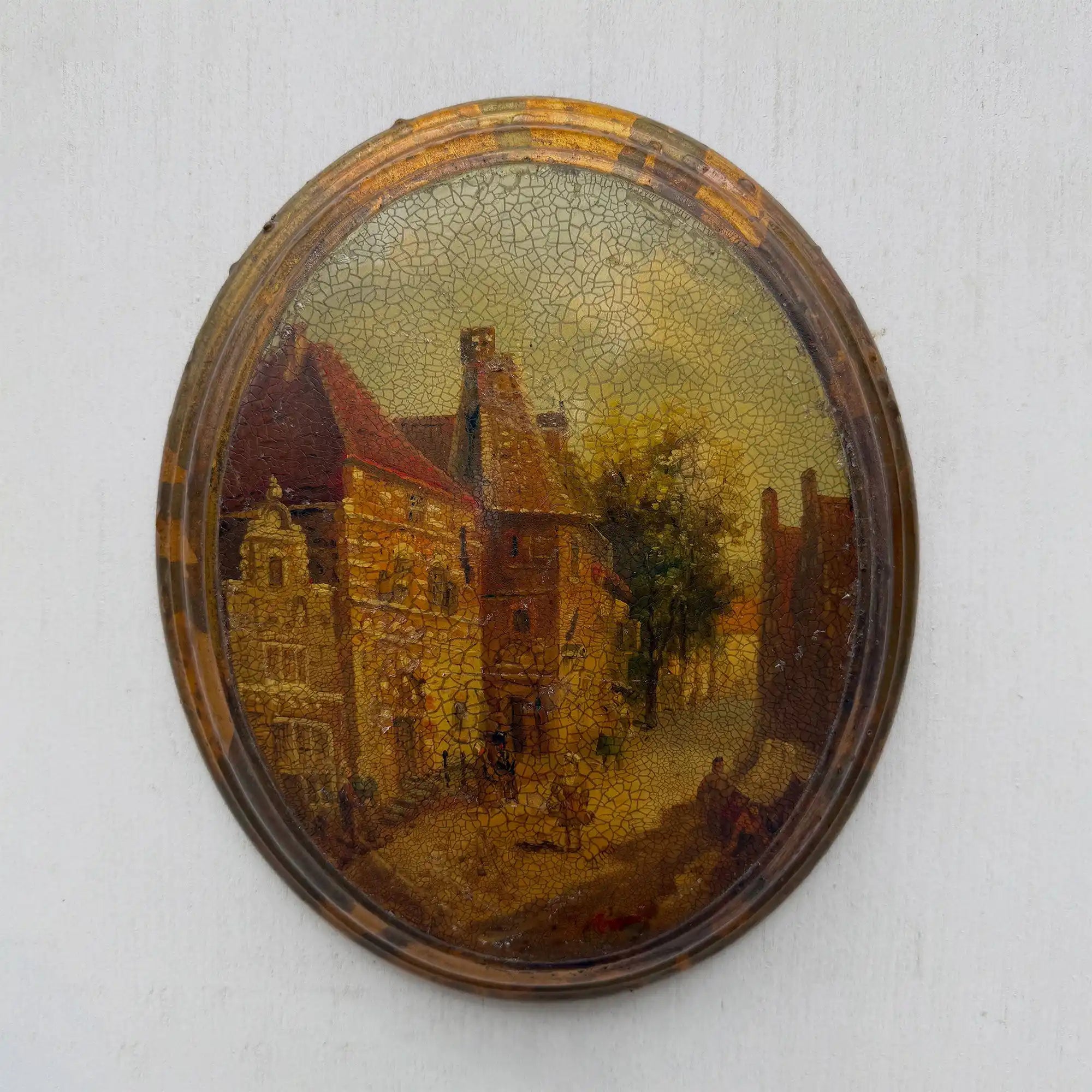 The Old Town Lane | Vintage European Street Scene Oil Painting | Oval, Craquelure | 10.6×12.6in - Vintage Oil Painting - Arden Gallery