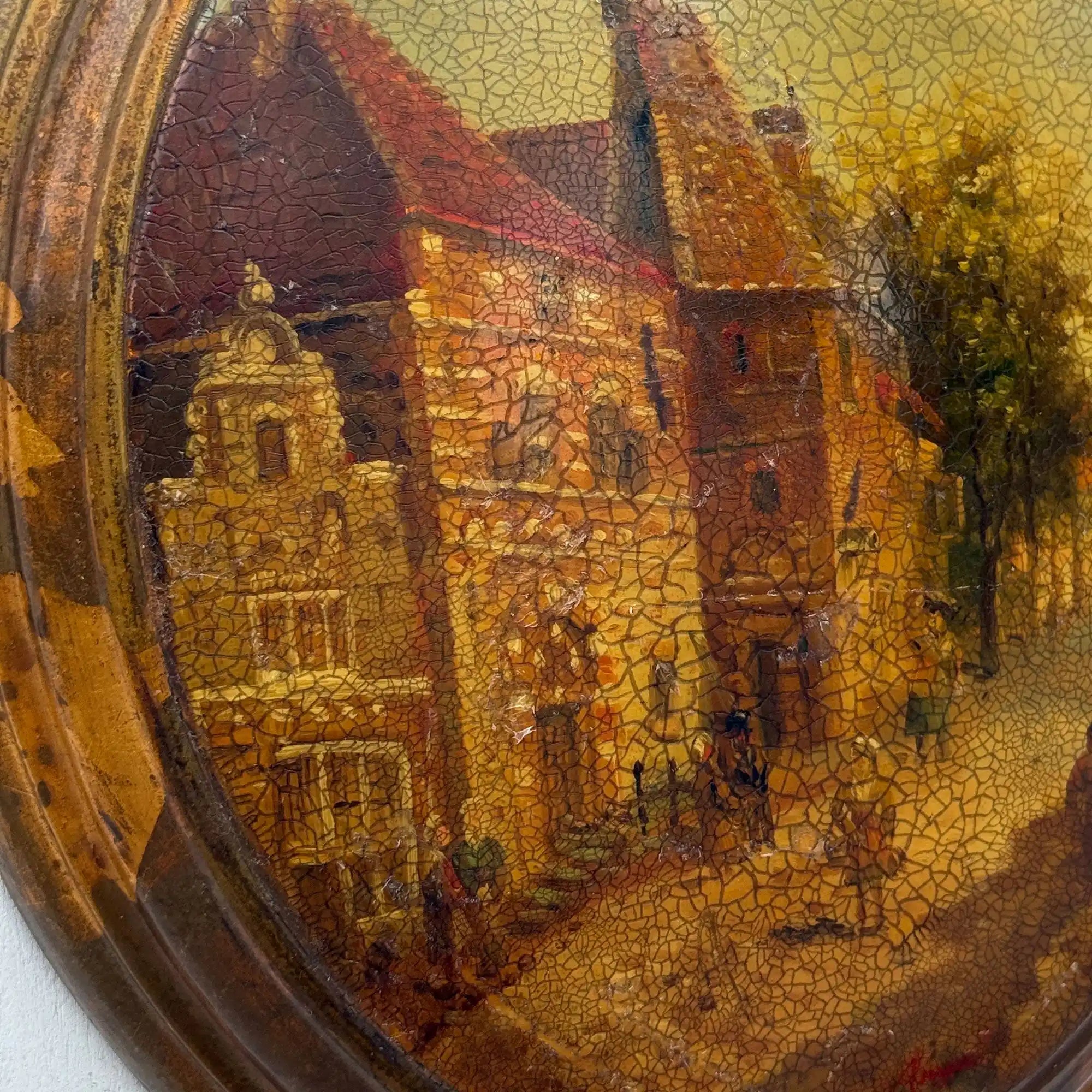 The Old Town Lane | Vintage European Street Scene Oil Painting | Oval, Craquelure | 10.6×12.6in - Vintage Oil Painting - Arden Gallery