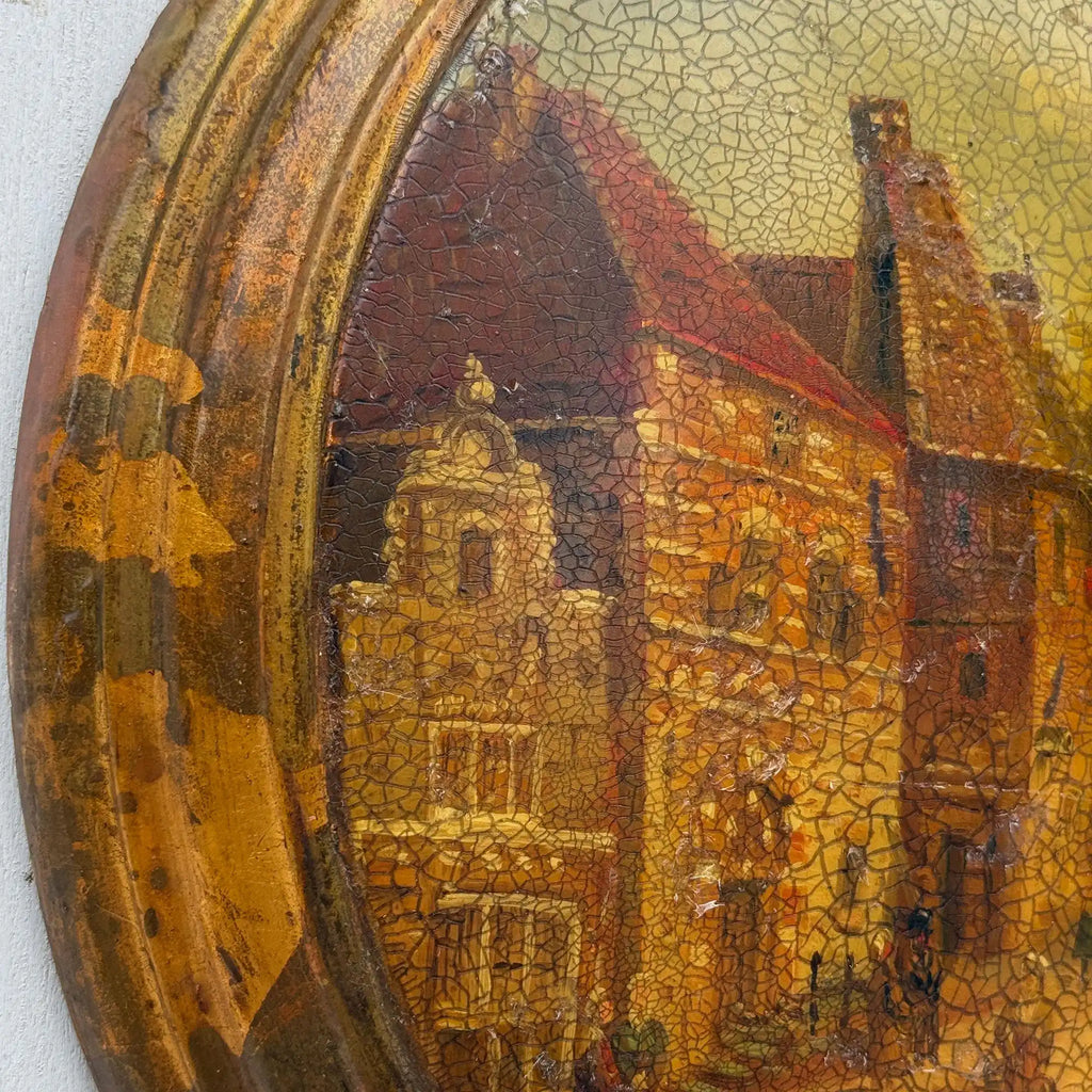 The Old Town Lane | Vintage European Street Scene Oil Painting | Oval, Craquelure | 10.6×12.6in - Vintage Oil Painting - Arden Gallery