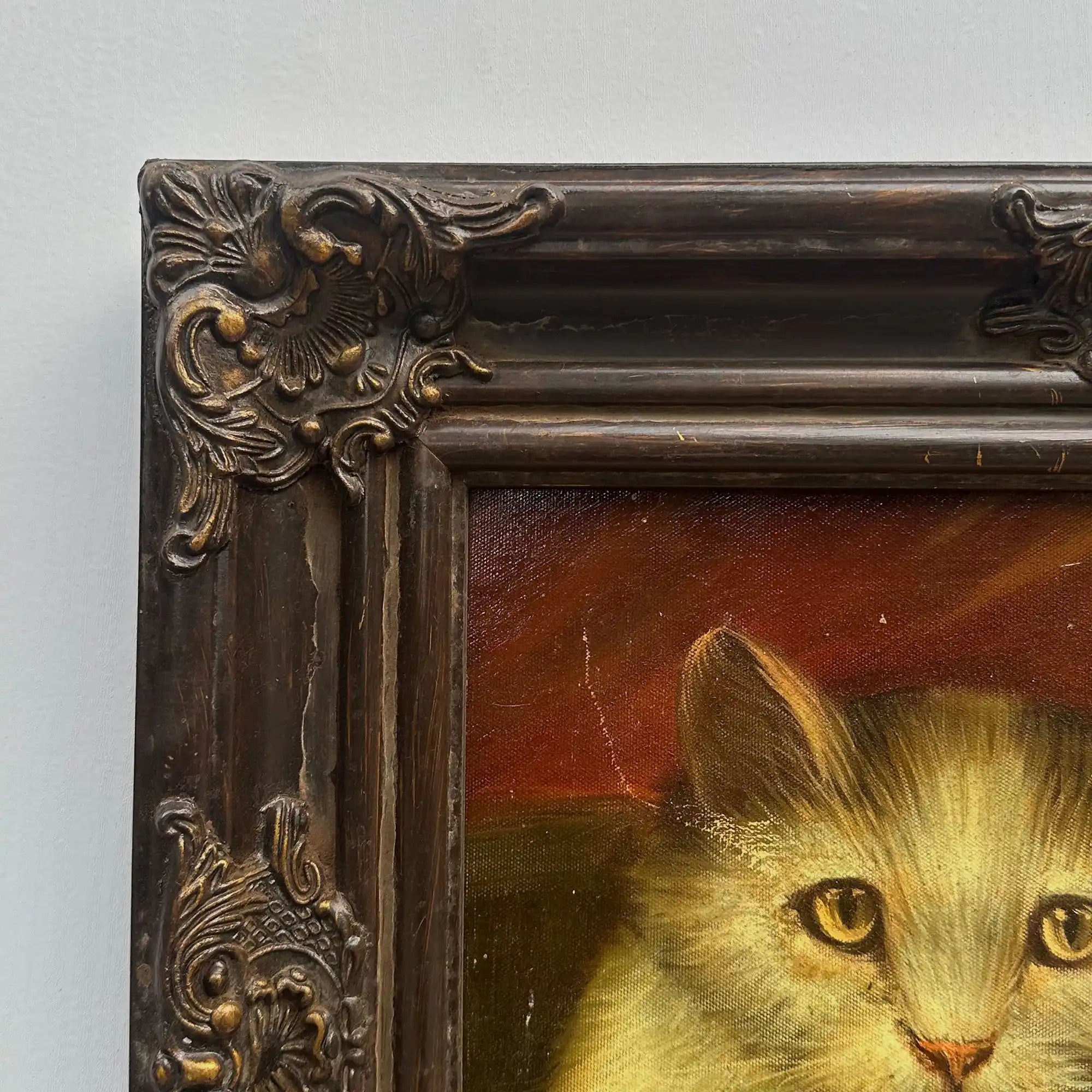 Two Cats Resting Together Oil Painting | Vintage Cat Portrait | Ornate Dark Frame |  21.7×17.7in - Vintage Oil Painting - Arden Gallery