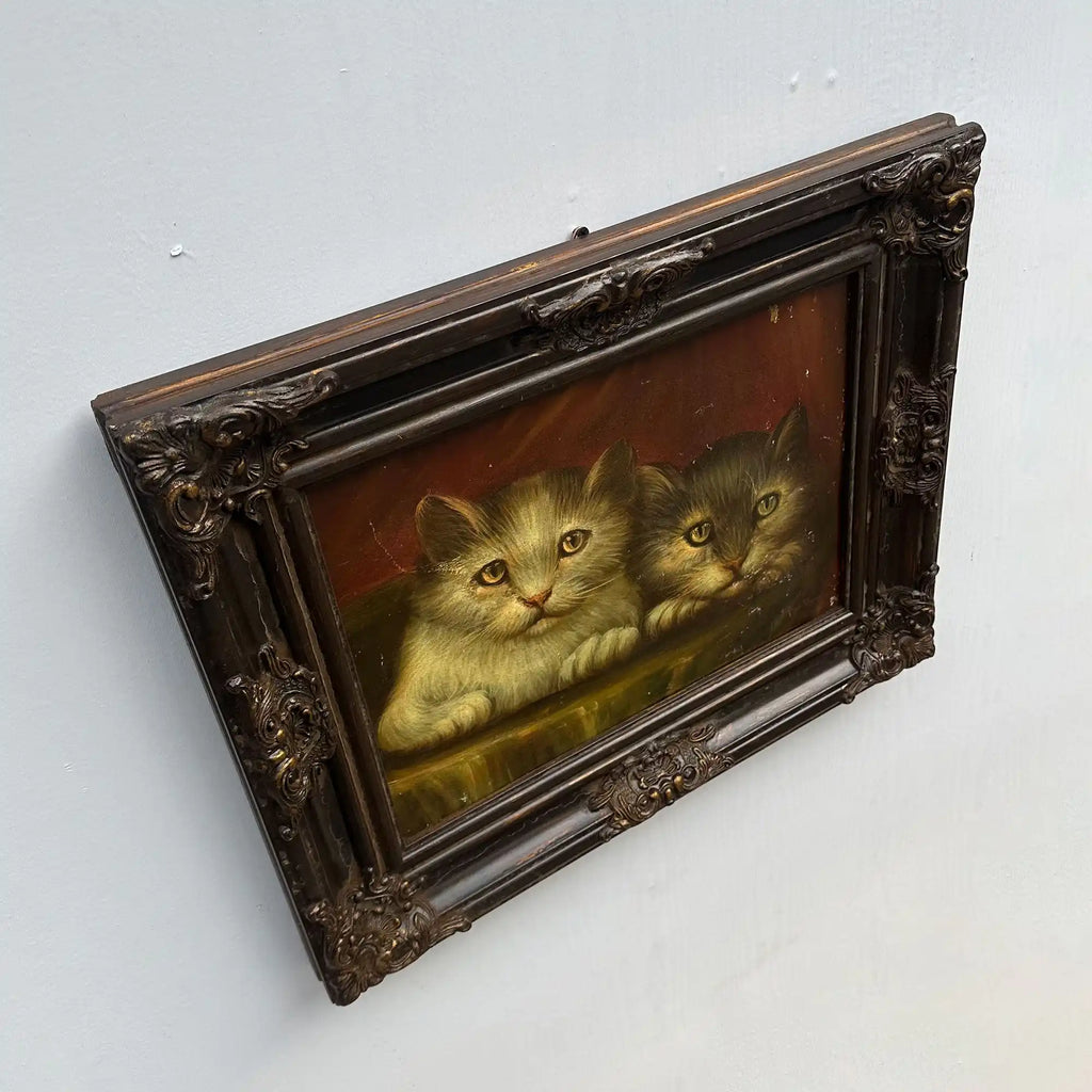 Two Cats Resting Together Oil Painting | Vintage Cat Portrait | Ornate Dark Frame |  21.7×17.7in - Vintage Oil Painting - Arden Gallery