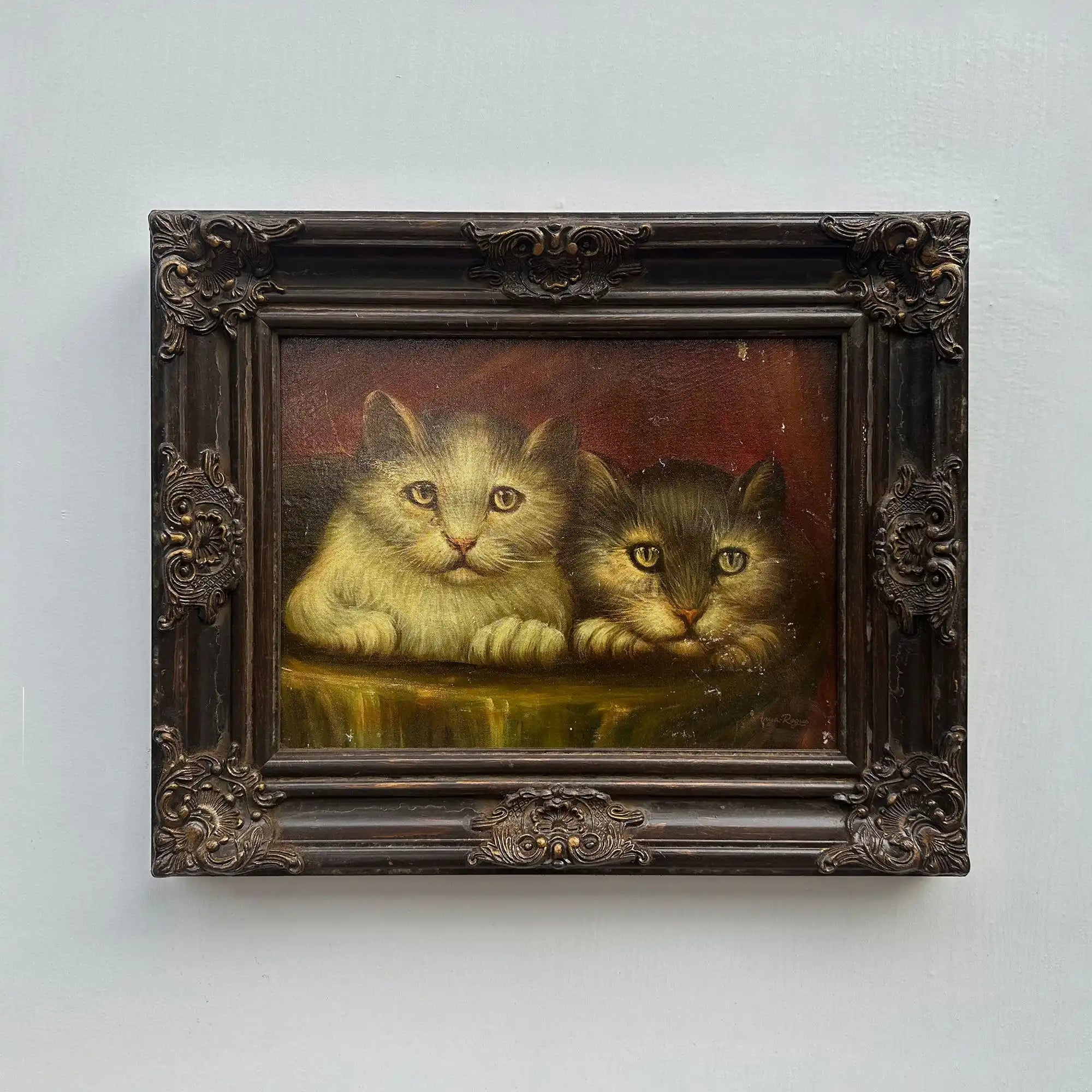 Two Cats Resting Together Oil Painting | Vintage Cat Portrait | Ornate Dark Frame |  21.7×17.7in - Vintage Oil Painting - Arden Gallery