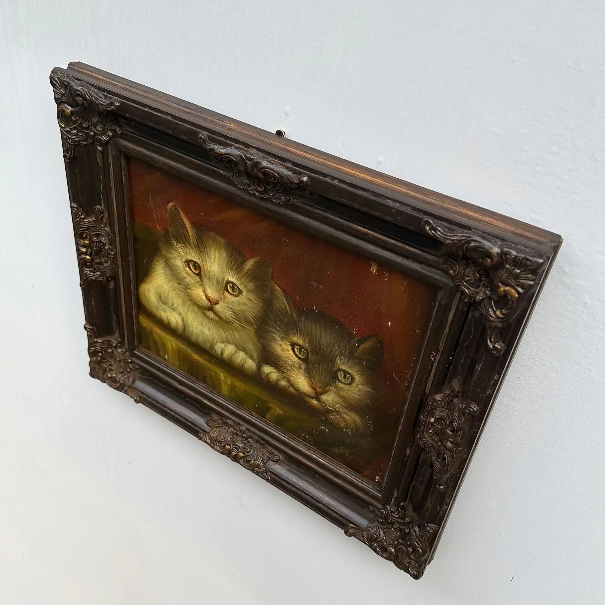 Two Cats Resting Together Oil Painting | Vintage Cat Portrait | Ornate Dark Frame |  21.7×17.7in - Vintage Oil Painting - Arden Gallery