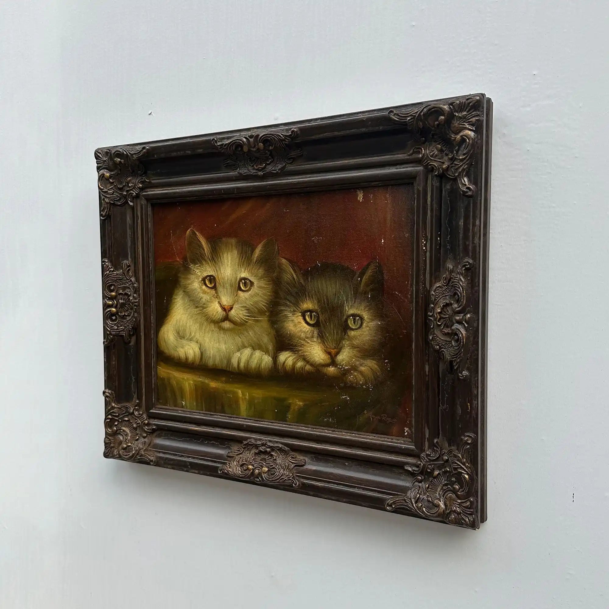 Two Cats Resting Together Oil Painting | Vintage Cat Portrait | Ornate Dark Frame |  21.7×17.7in - Vintage Oil Painting - Arden Gallery