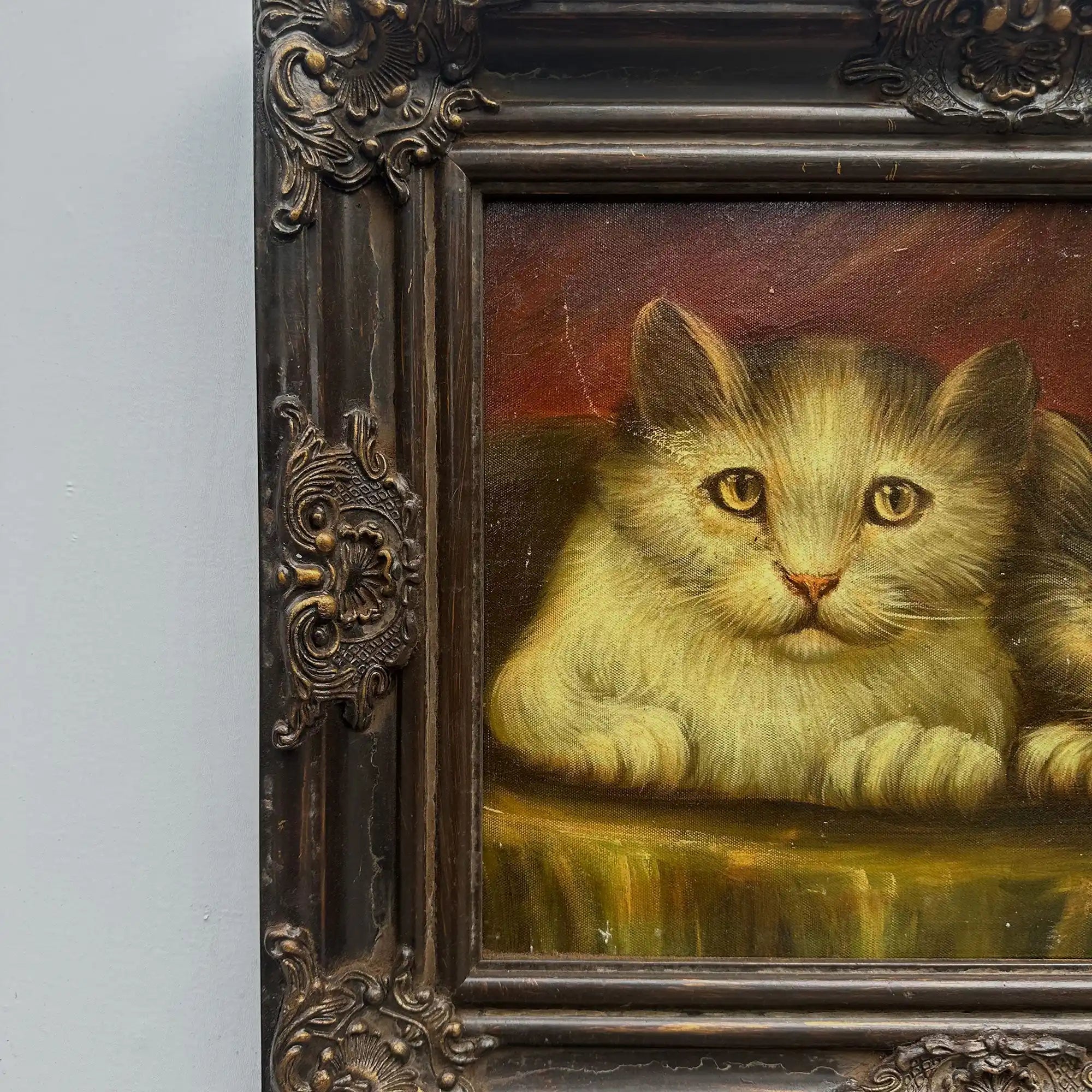 Two Cats Resting Together Oil Painting | Vintage Cat Portrait | Ornate Dark Frame |  21.7×17.7in - Vintage Oil Painting - Arden Gallery
