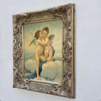 Two Cherubs Embracing | Vintage Figurative Oil Painting | Rococo Silver-Gold Frame | 17.7×21.7in - Vintage Oil Painting - Arden Gallery