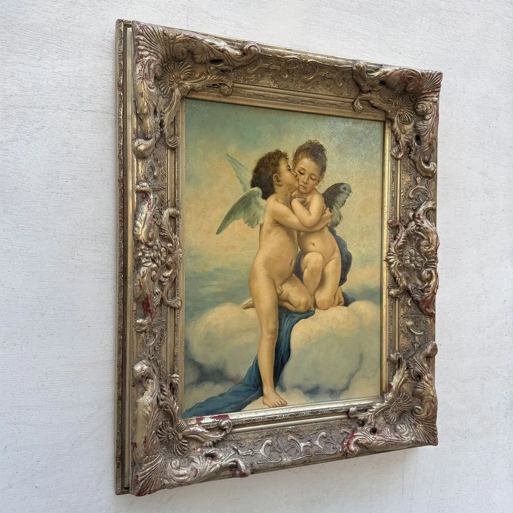 Two Cherubs Embracing | Vintage Figurative Oil Painting | Rococo Silver-Gold Frame | 17.7×21.7in - Vintage Oil Painting - Arden Gallery