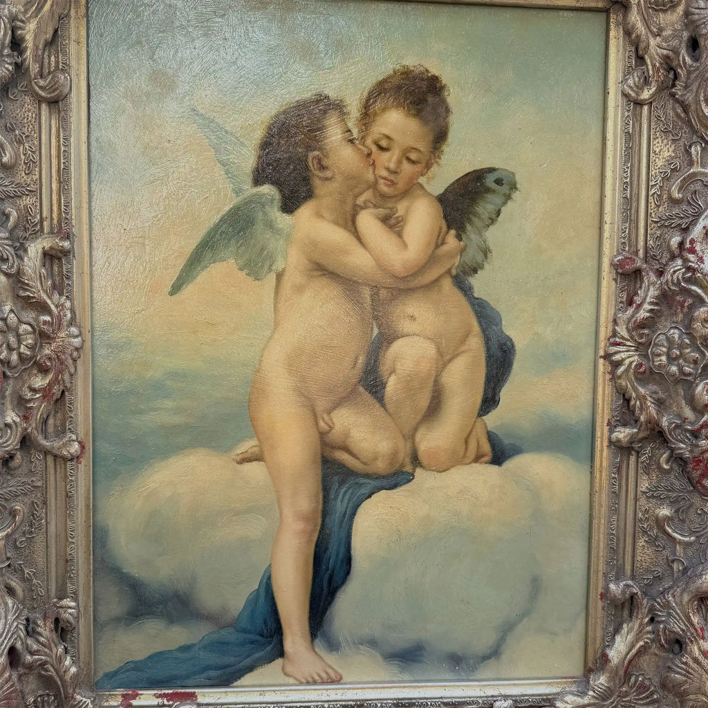 Two Cherubs Embracing | Vintage Figurative Oil Painting | Rococo Silver-Gold Frame | 17.7×21.7in - Vintage Oil Painting - Arden Gallery