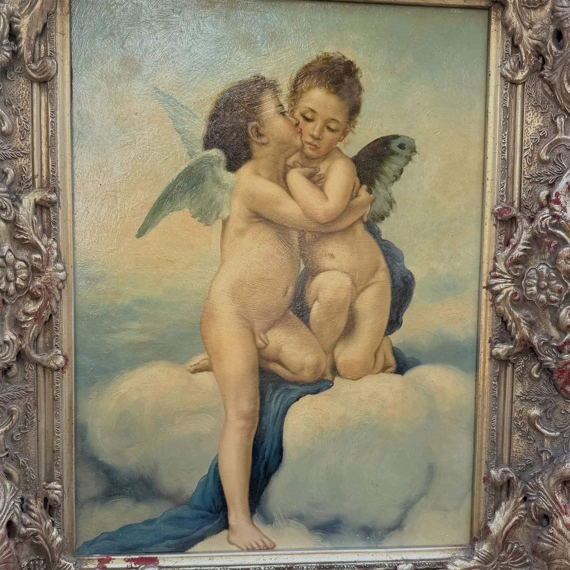 Two Cherubs Embracing | Vintage Figurative Oil Painting | Rococo Silver-Gold Frame | 17.7×21.7in - Vintage Oil Painting - Arden Gallery