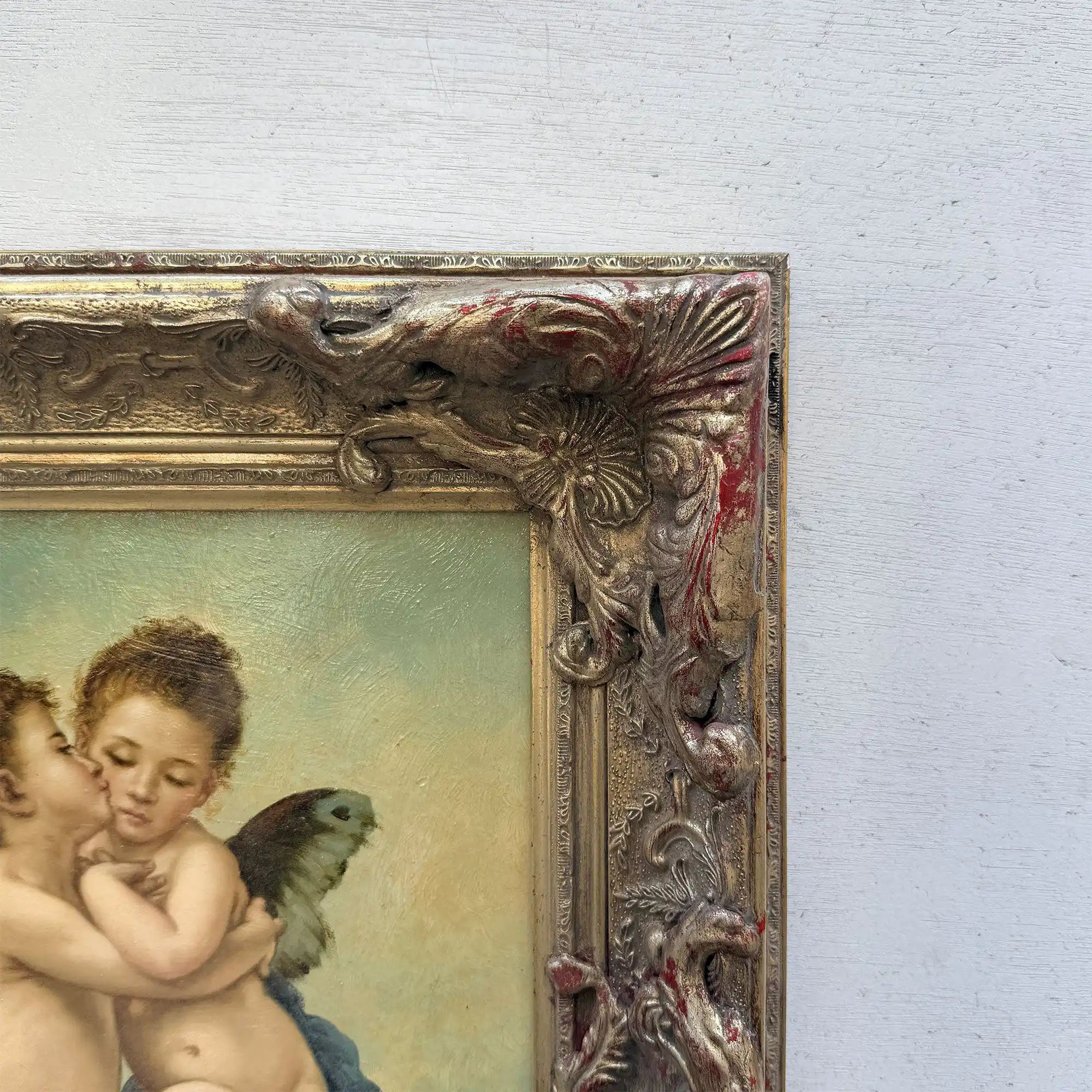 Two Cherubs Embracing | Vintage Figurative Oil Painting | Rococo Silver-Gold Frame | 17.7×21.7in - Vintage Oil Painting - Arden Gallery