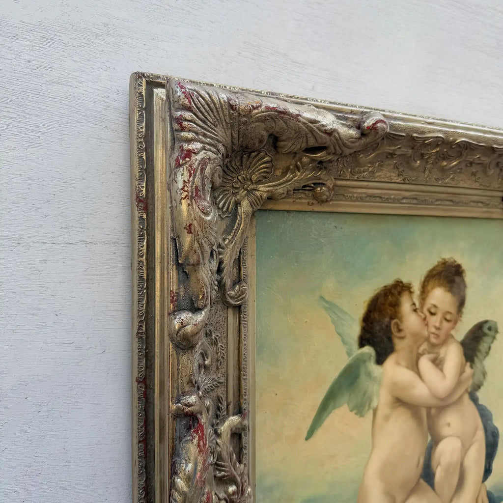 Two Cherubs Embracing | Vintage Figurative Oil Painting | Rococo Silver-Gold Frame | 17.7×21.7in - Vintage Oil Painting - Arden Gallery
