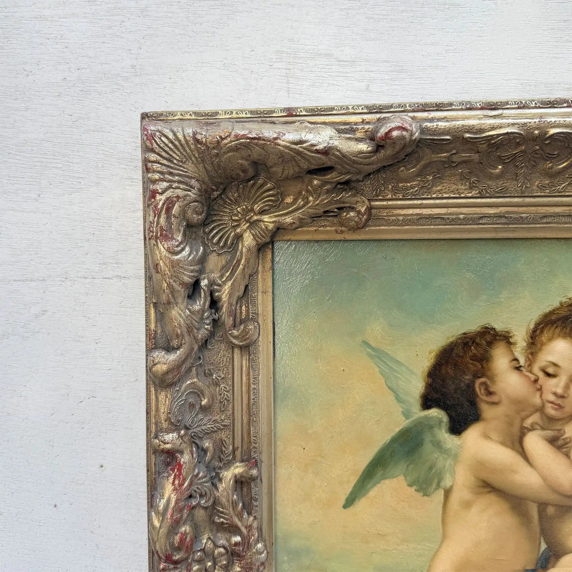 Two Cherubs Embracing | Vintage Figurative Oil Painting | Rococo Silver-Gold Frame | 17.7×21.7in - Vintage Oil Painting - Arden Gallery