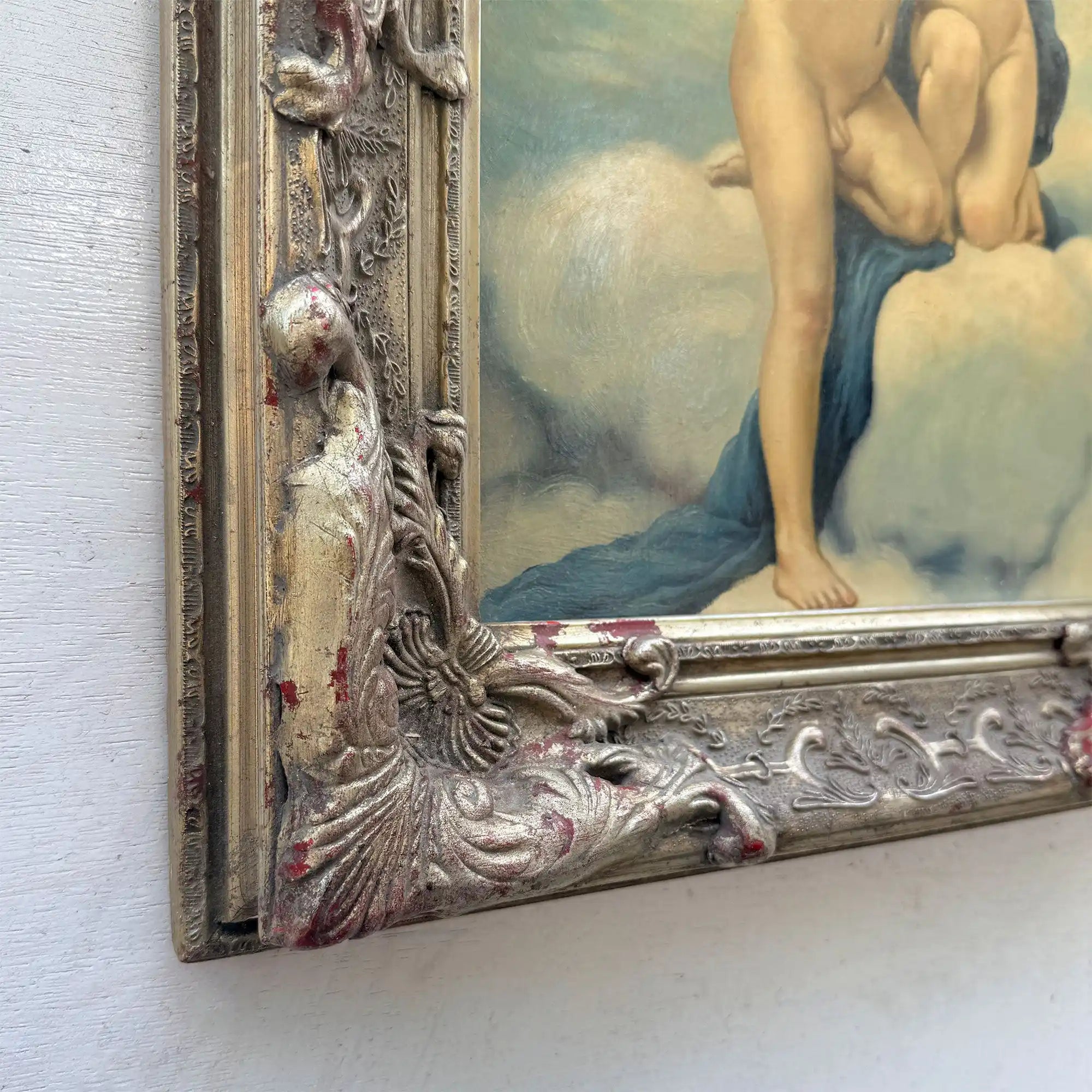 Two Cherubs Embracing | Vintage Figurative Oil Painting | Rococo Silver-Gold Frame | 17.7×21.7in - Vintage Oil Painting - Arden Gallery