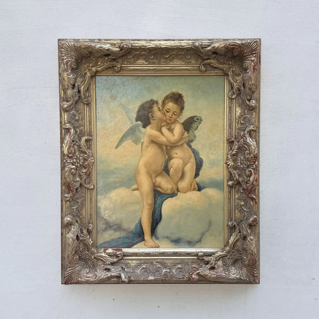 Two Cherubs Embracing | Vintage Figurative Oil Painting | Rococo Silver-Gold Frame | 17.7×21.7in - Vintage Oil Painting - Arden Gallery