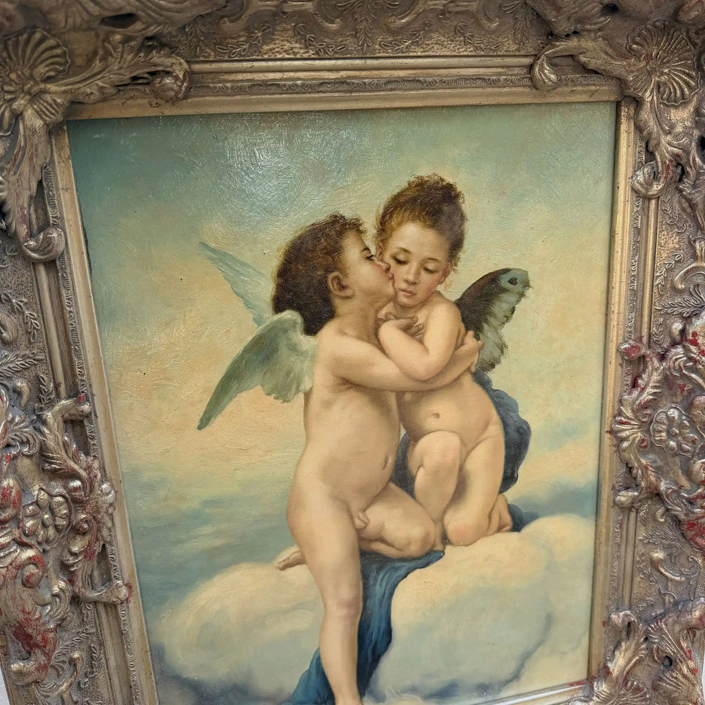 Two Cherubs Embracing | Vintage Figurative Oil Painting | Rococo Silver-Gold Frame | 17.7×21.7in - Vintage Oil Painting - Arden Gallery