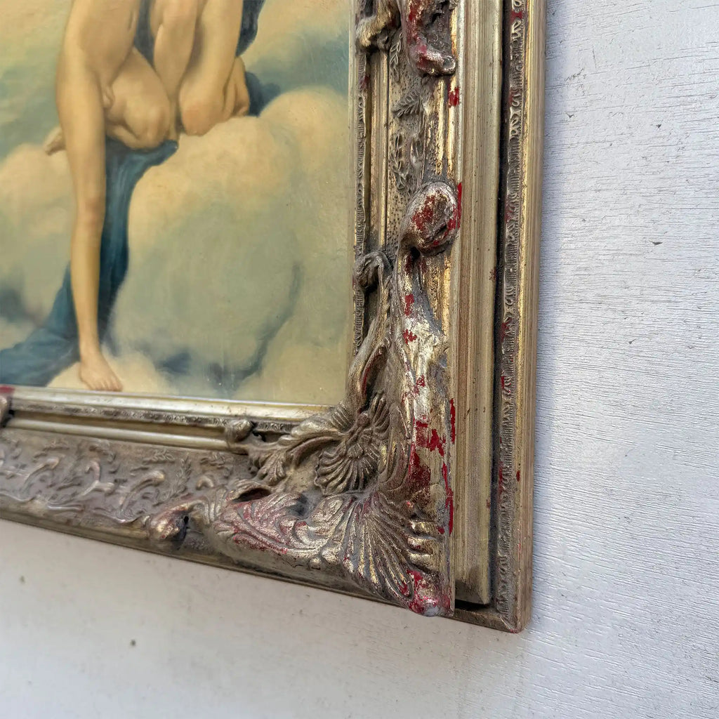 Two Cherubs Embracing | Vintage Figurative Oil Painting | Rococo Silver-Gold Frame | 17.7×21.7in - Vintage Oil Painting - Arden Gallery