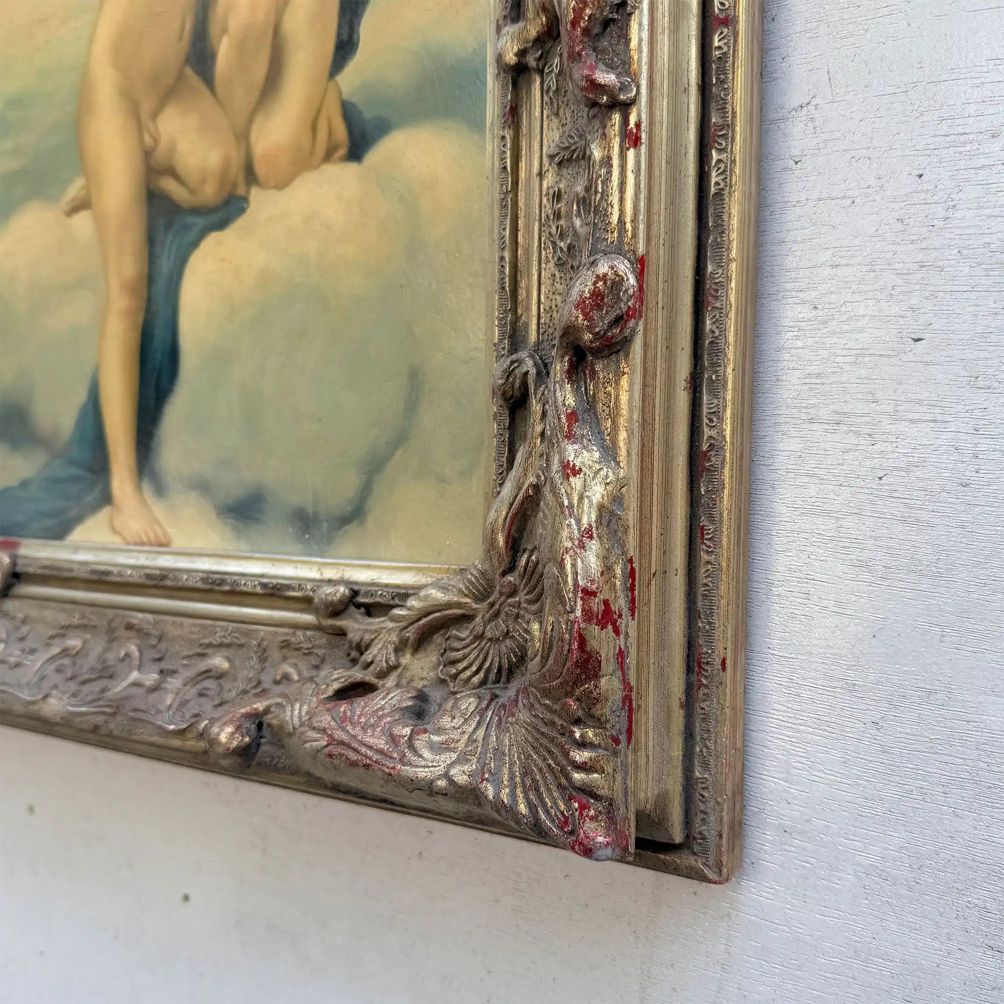 Two Cherubs Embracing | Vintage Figurative Oil Painting | Rococo Silver-Gold Frame | 17.7×21.7in - Vintage Oil Painting - Arden Gallery
