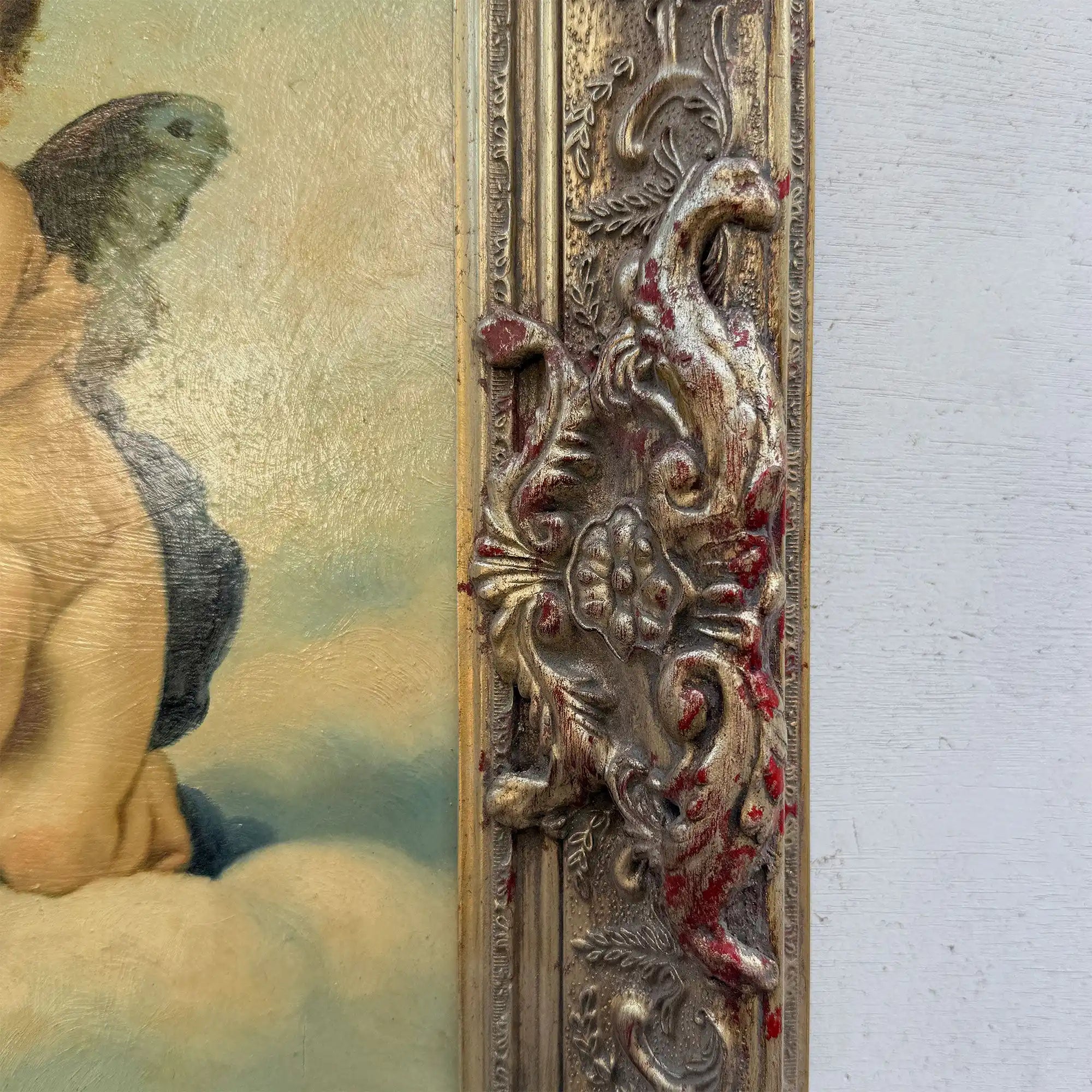 Two Cherubs Embracing | Vintage Figurative Oil Painting | Rococo Silver-Gold Frame | 17.7×21.7in - Vintage Oil Painting - Arden Gallery