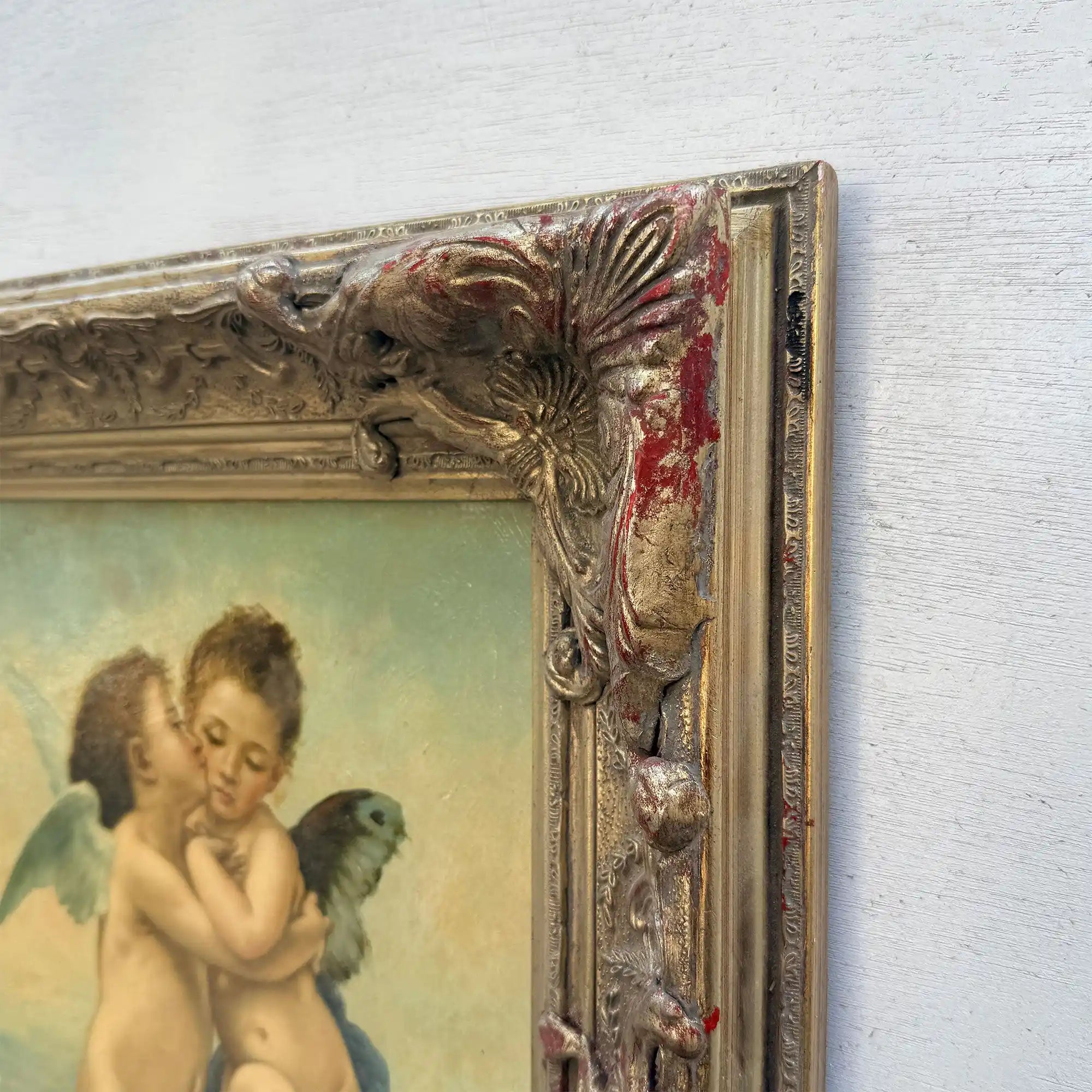 Two Cherubs Embracing | Vintage Figurative Oil Painting | Rococo Silver-Gold Frame | 17.7×21.7in - Vintage Oil Painting - Arden Gallery