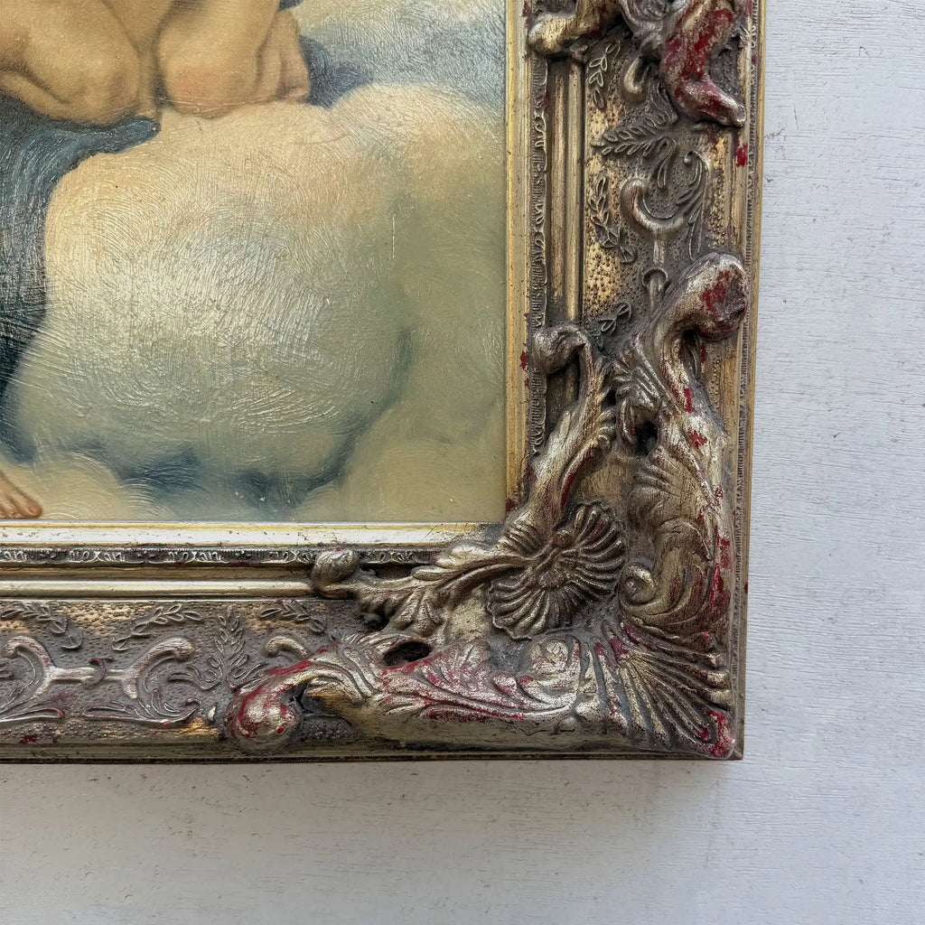 Two Cherubs Embracing | Vintage Figurative Oil Painting | Rococo Silver-Gold Frame | 17.7×21.7in - Vintage Oil Painting - Arden Gallery