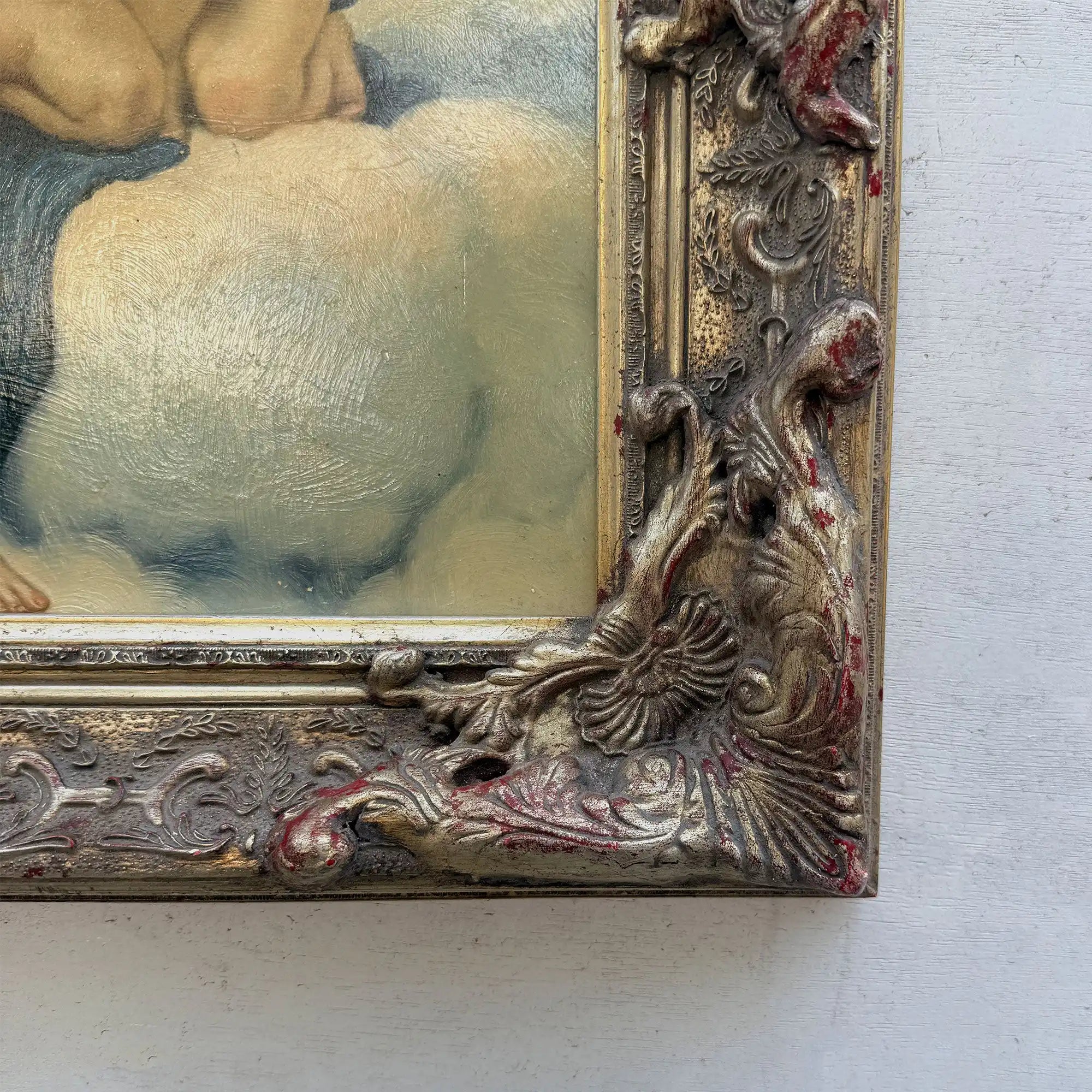 Two Cherubs Embracing | Vintage Figurative Oil Painting | Rococo Silver-Gold Frame | 17.7×21.7in - Vintage Oil Painting - Arden Gallery