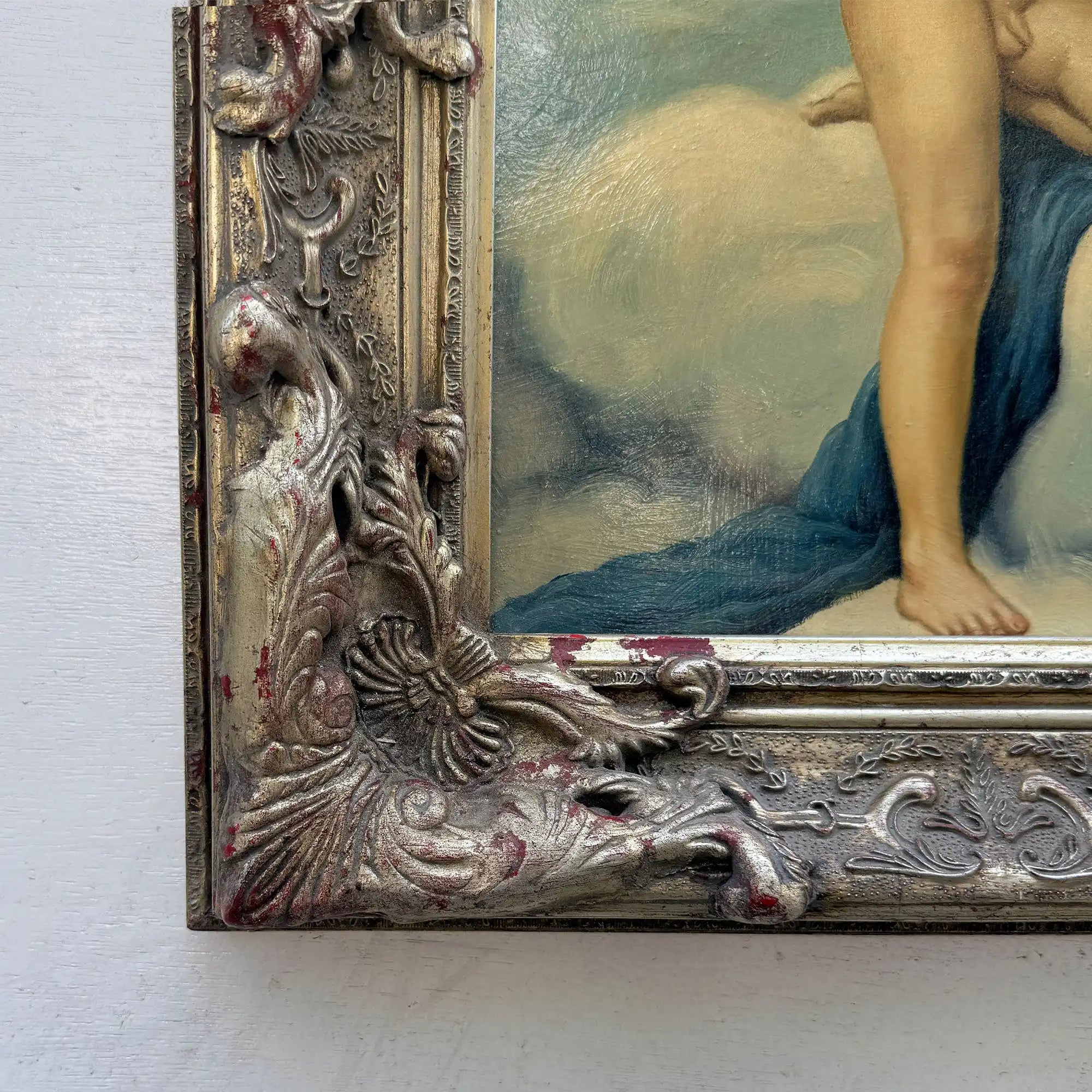 Two Cherubs Embracing | Vintage Figurative Oil Painting | Rococo Silver-Gold Frame | 17.7×21.7in - Vintage Oil Painting - Arden Gallery