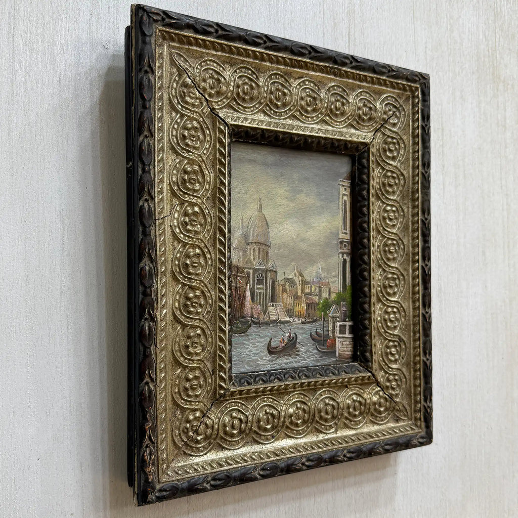 Venice Canal Landscape Oil Painting | Artwork on a Hand-Painted Tablet | with Carved Wooden Frame - Vintage Oil Painting - Arden Gallery