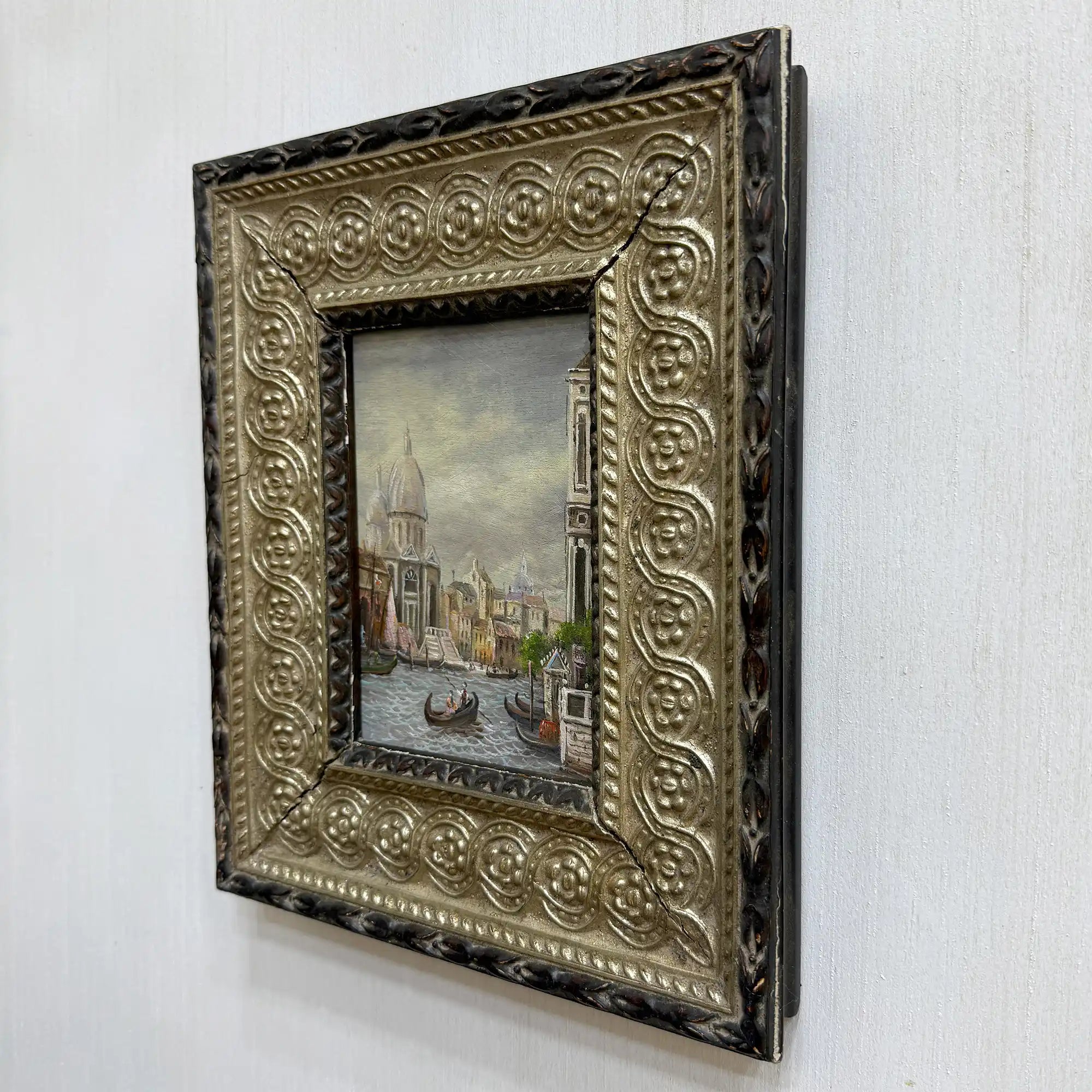 Venice Canal Landscape Oil Painting | Artwork on a Hand-Painted Tablet | with Carved Wooden Frame - Vintage Oil Painting - Arden Gallery