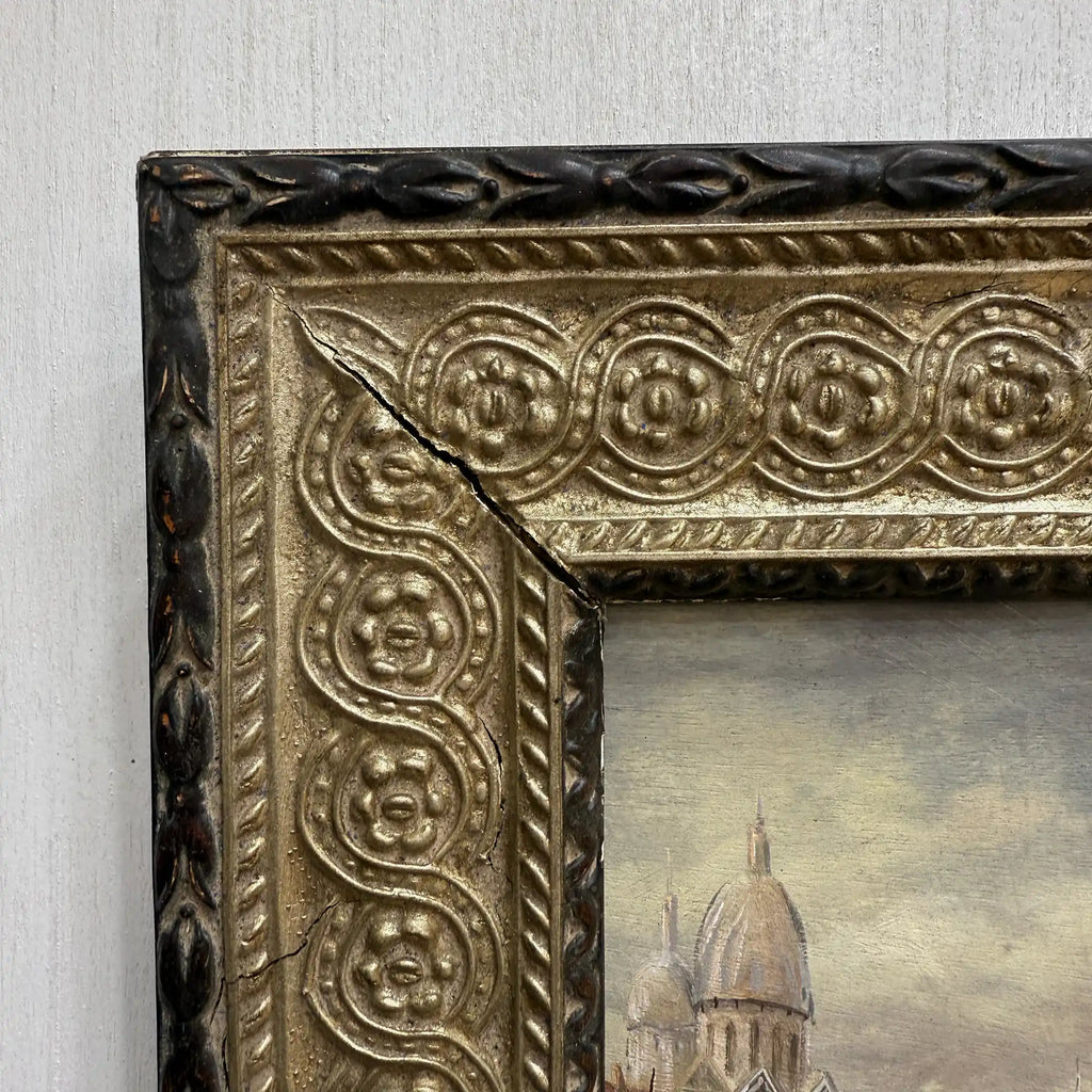 Venice Canal Landscape Oil Painting | Artwork on a Hand-Painted Tablet | with Carved Wooden Frame - Vintage Oil Painting - Arden Gallery