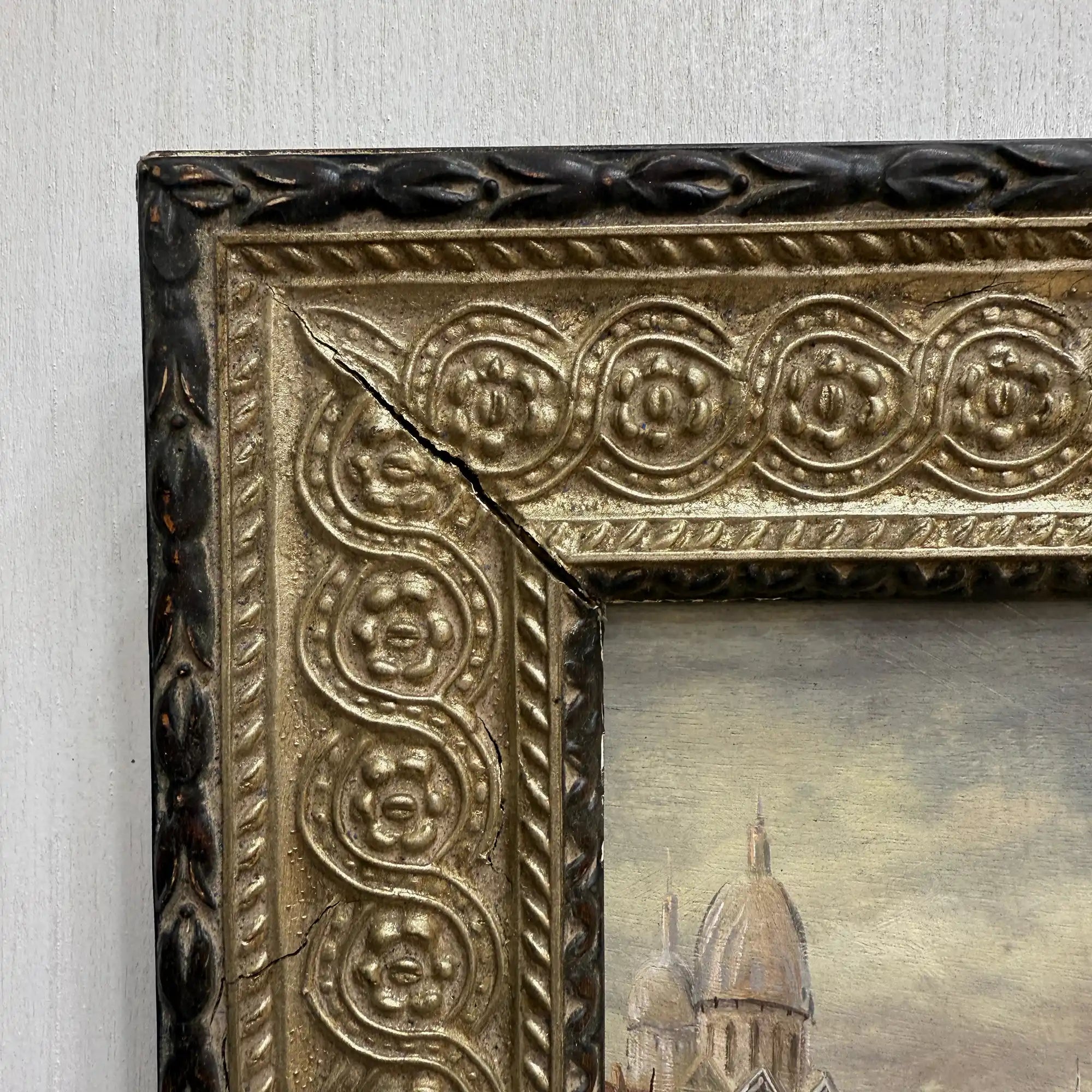 Venice Canal Landscape Oil Painting | Artwork on a Hand-Painted Tablet | with Carved Wooden Frame - Vintage Oil Painting - Arden Gallery