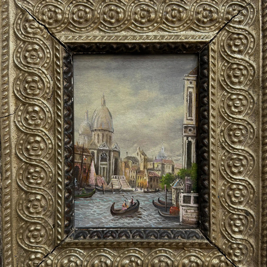 Venice Canal Landscape Oil Painting | Artwork on a Hand-Painted Tablet | with Carved Wooden Frame - Vintage Oil Painting - Arden Gallery