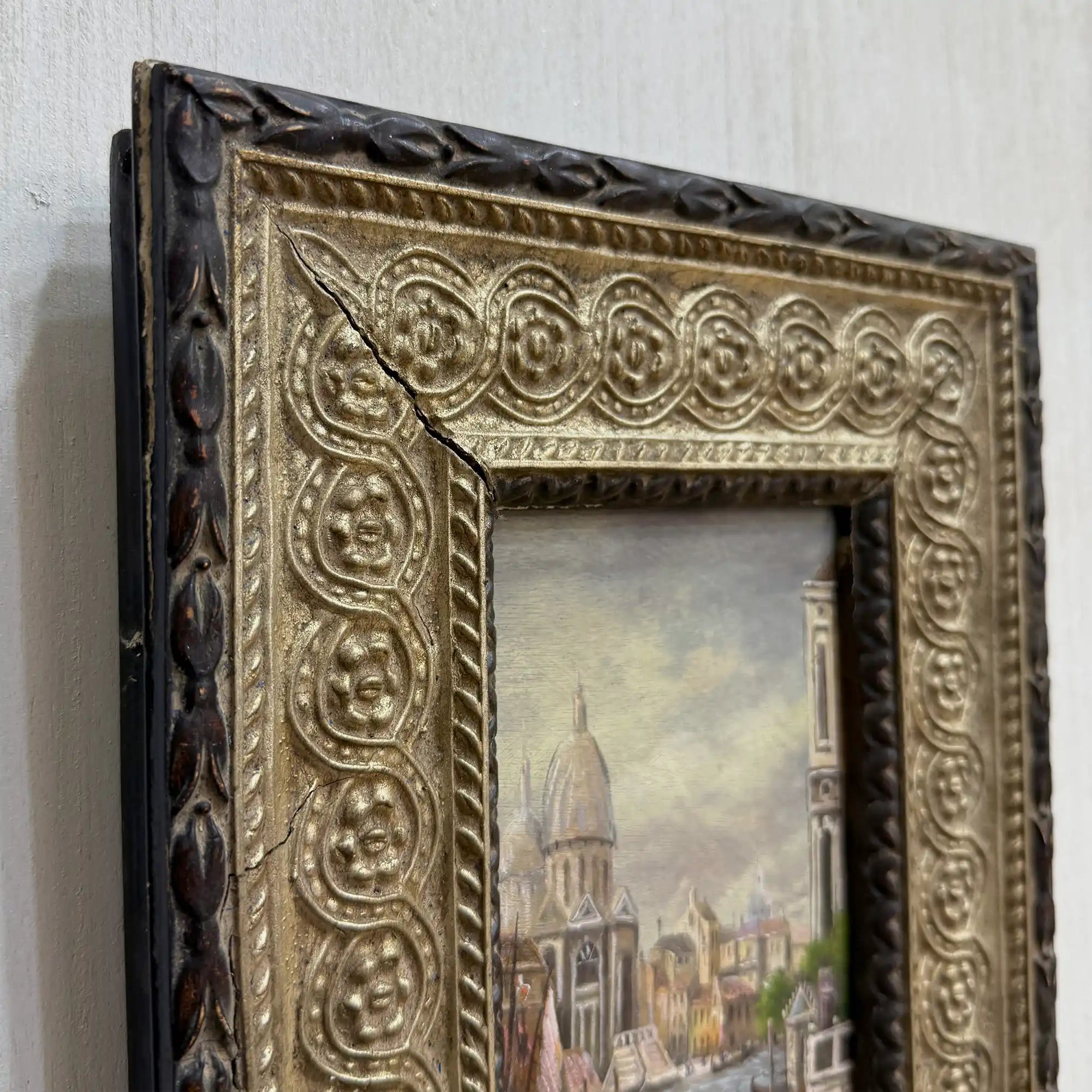 Venice Canal Landscape Oil Painting | Artwork on a Hand-Painted Tablet | with Carved Wooden Frame - Vintage Oil Painting - Arden Gallery