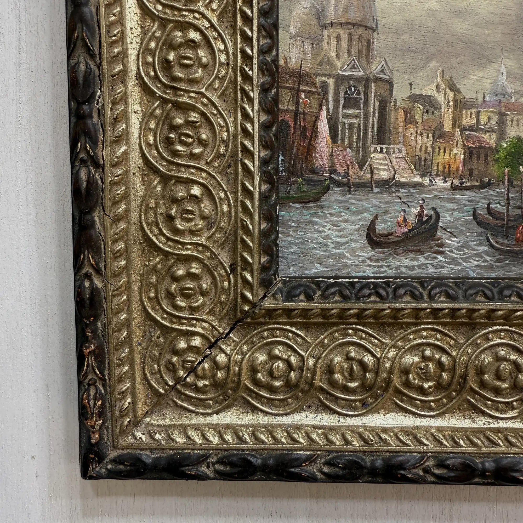 Venice Canal Landscape Oil Painting | Artwork on a Hand-Painted Tablet | with Carved Wooden Frame - Vintage Oil Painting - Arden Gallery