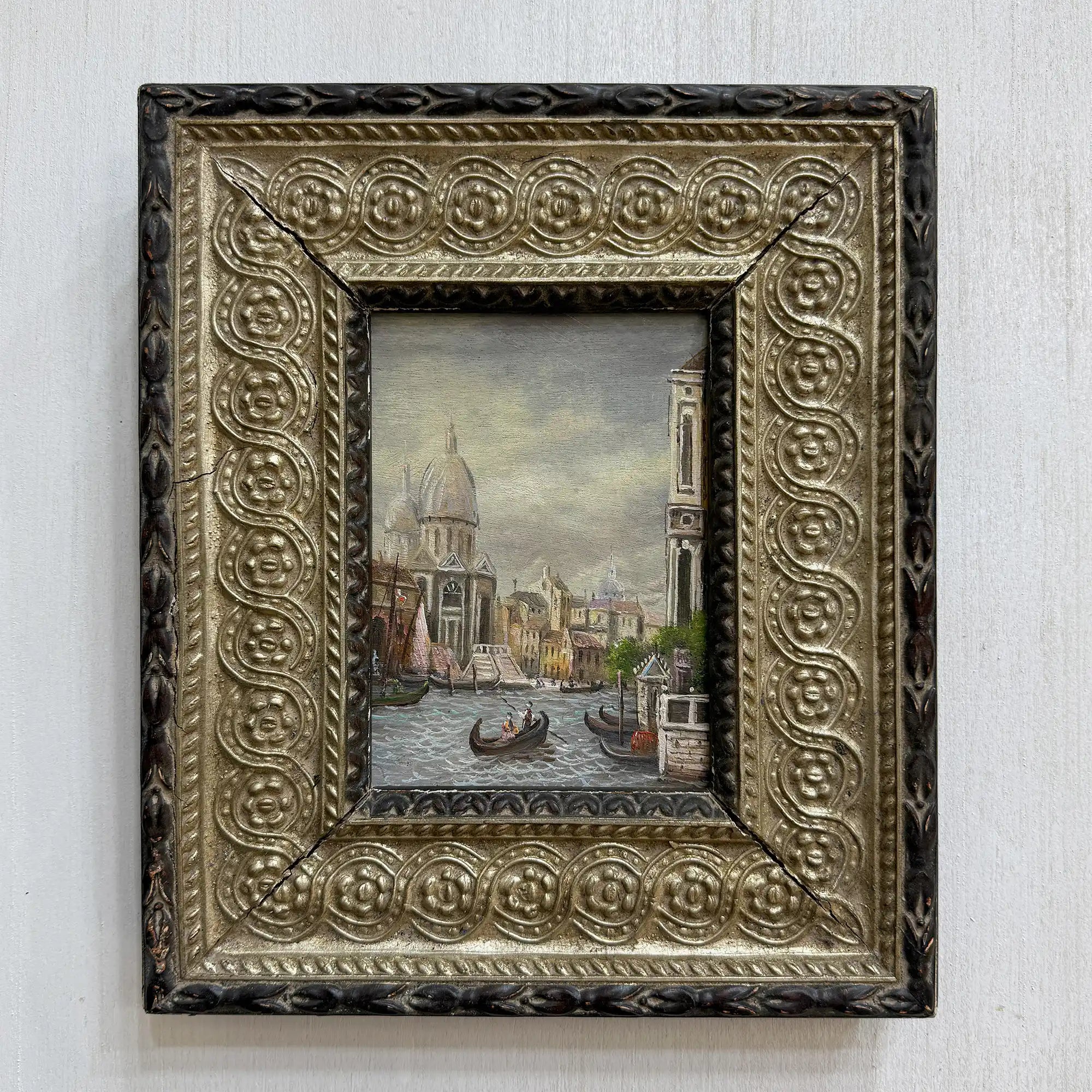 Venice Canal Landscape Oil Painting | Artwork on a Hand-Painted Tablet | with Carved Wooden Frame - Vintage Oil Painting - Arden Gallery