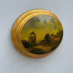 Vintage 1940s European Equestrian Oil Painting – Three Galloping Horses on Raised Wood Panel with Integrated Oval Frame - Vintage Oil Painting - Arden Gallery