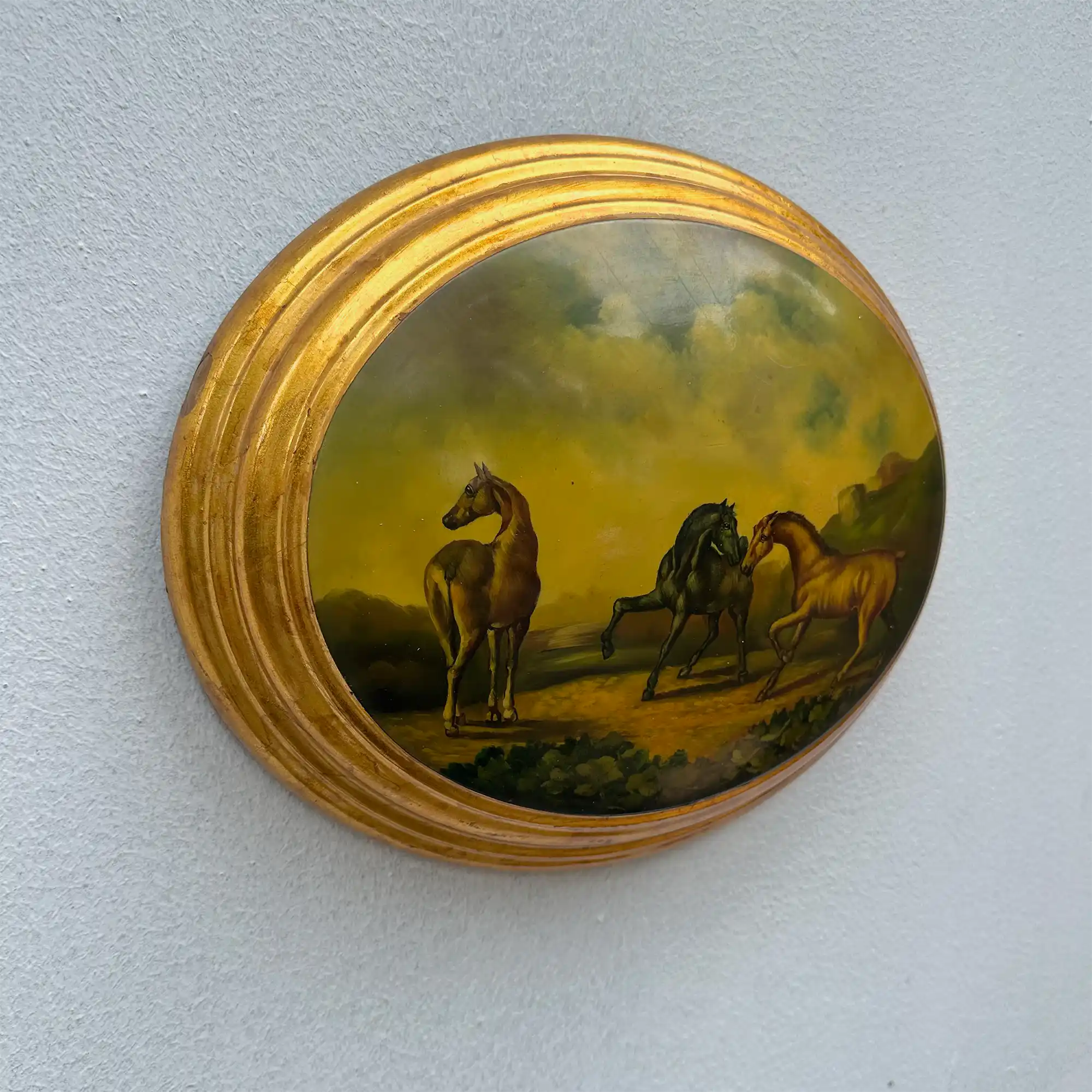 Vintage 1940s European Equestrian Oil Painting – Three Galloping Horses on Raised Wood Panel with Integrated Oval Frame - Vintage Oil Painting - Arden Gallery