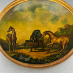 Vintage 1940s European Equestrian Oil Painting – Three Galloping Horses on Raised Wood Panel with Integrated Oval Frame - Vintage Oil Painting - Arden Gallery