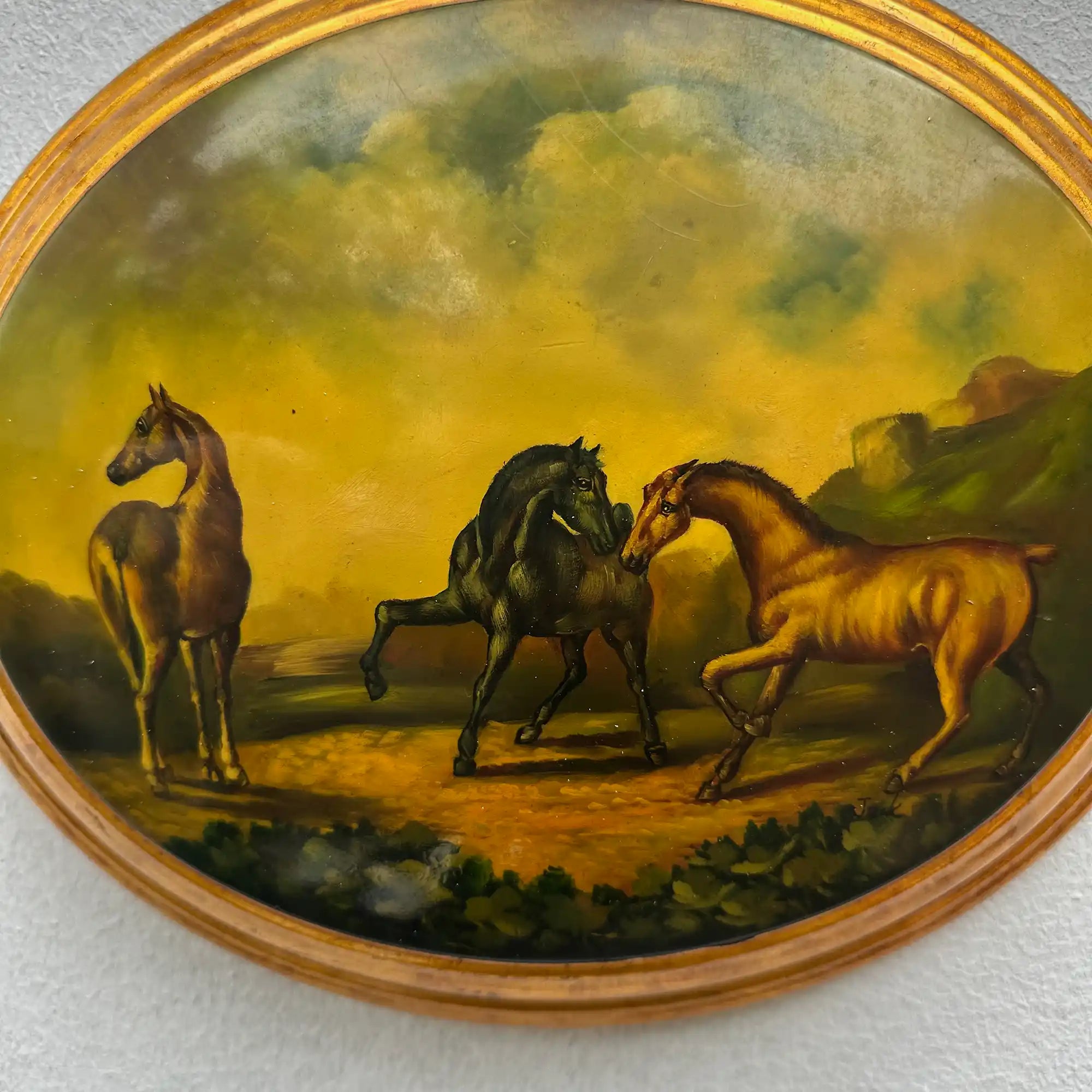 Vintage 1940s European Equestrian Oil Painting – Three Galloping Horses on Raised Wood Panel with Integrated Oval Frame - Vintage Oil Painting - Arden Gallery