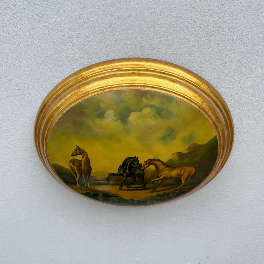 Vintage 1940s European Equestrian Oil Painting – Three Galloping Horses on Raised Wood Panel with Integrated Oval Frame - Vintage Oil Painting - Arden Gallery