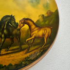 Vintage 1940s European Equestrian Oil Painting – Three Galloping Horses on Raised Wood Panel with Integrated Oval Frame - Vintage Oil Painting - Arden Gallery