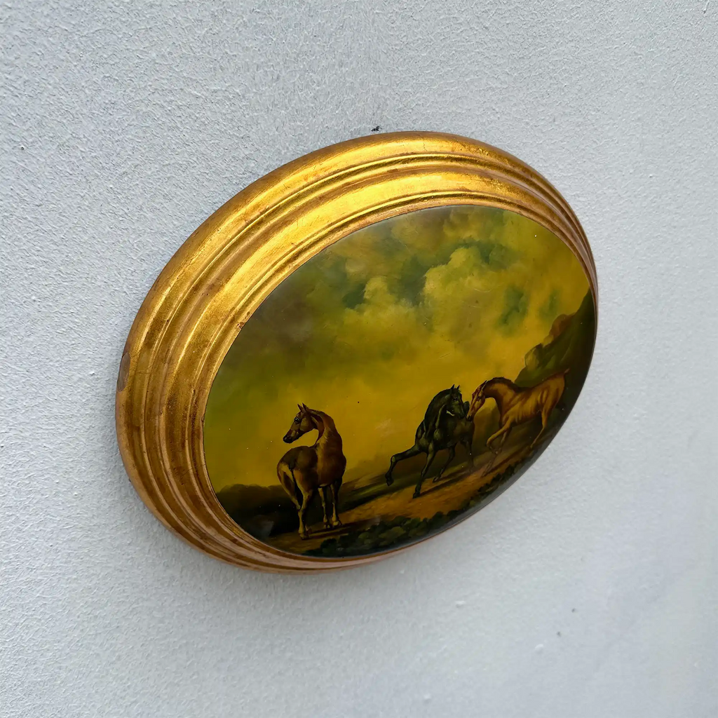 Vintage 1940s European Equestrian Oil Painting – Three Galloping Horses on Raised Wood Panel with Integrated Oval Frame - Vintage Oil Painting - Arden Gallery