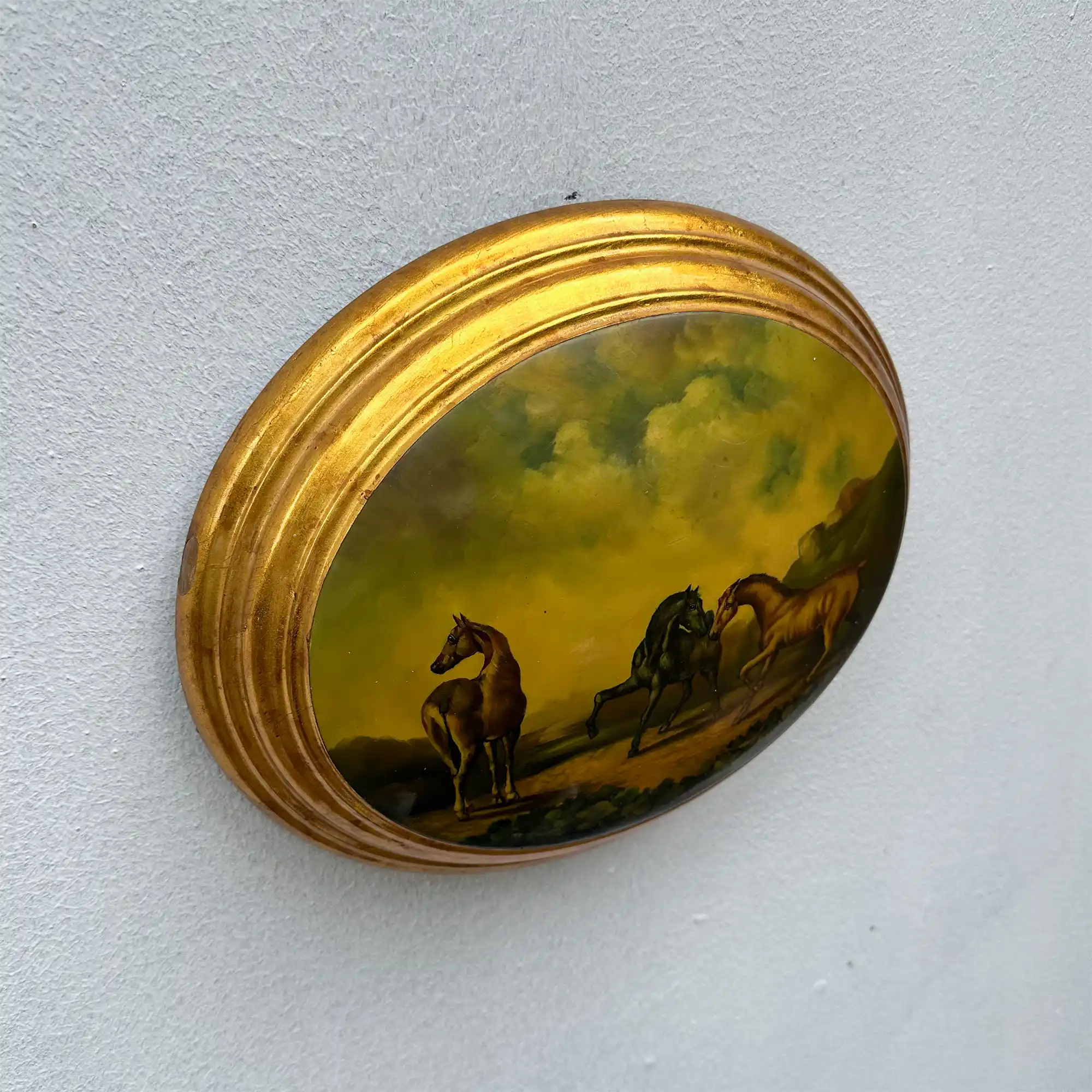 Vintage 1940s European Equestrian Oil Painting – Three Galloping Horses on Raised Wood Panel with Integrated Oval Frame - Vintage Oil Painting - Arden Gallery
