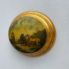 Vintage 1940s European Equestrian Oil Painting – Three Galloping Horses on Raised Wood Panel with Integrated Oval Frame - Vintage Oil Painting - Arden Gallery